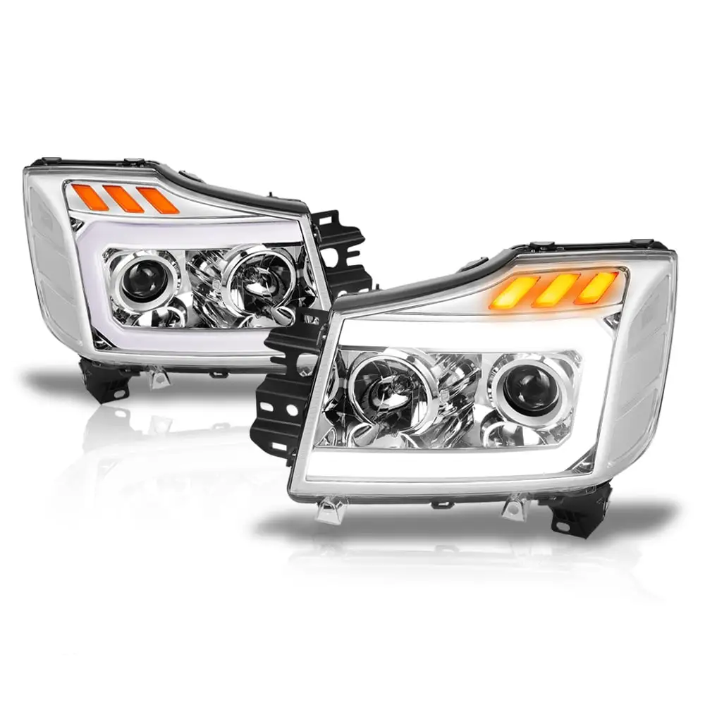 Chrome Projector Headlight C-Bar LED DRL Clear Reflector for 04-15 Titan/Armada