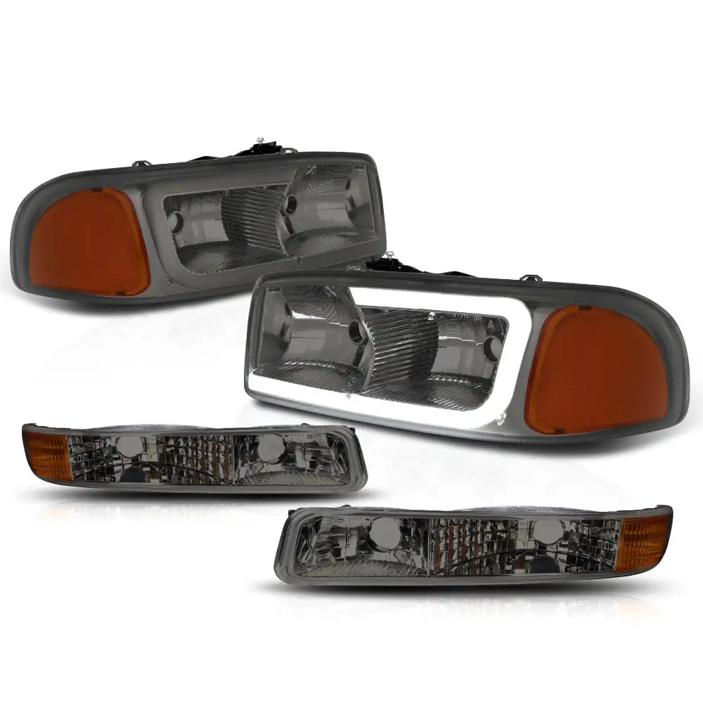 Chrome/Smoke/Amber[LED LIGHT BAR]Headlight+Bumper for 99-07 Sierra/Yukon Classic 00 01 02 03 04 05 06