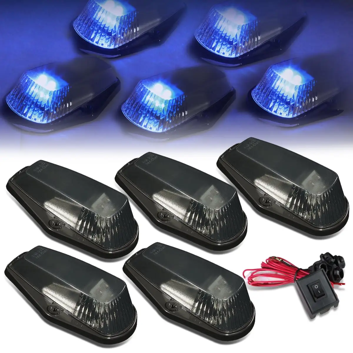 DNA Motoring CBL-F15080-SM-B For 1980 to 1996 Ford F150 F250 F350 F450 5 X LED Cab Roof Top Lights + Wiring Harness + Switch (Smoked Housing Blue LED) 92 93 94 95