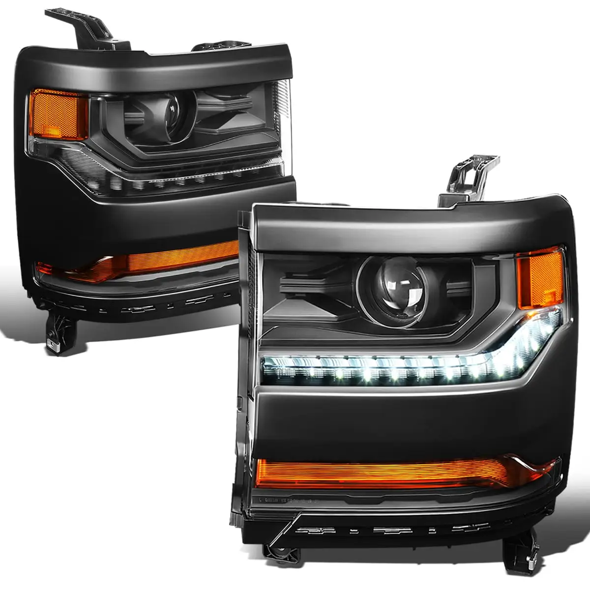 DNA Motoring HL-OH-CSIL16-BK-AM For 2016 2017 2018 2019 Silverado 1500 (HID Models) Black Housing Amber Side Factory Style LED Projector Headlights Head Lamps