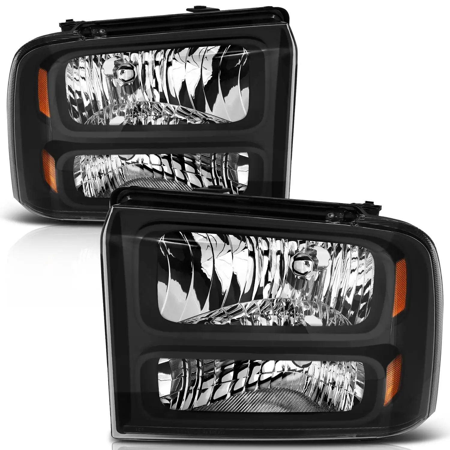 ECCPP Headlights Assembly For Ford For F-250 Ford For F-350 2005-2007.For Ford For F-250 For F-350 For F-450 Super Duty 2005-2007 Headlamps Black Housing Amber Reflector Clear Lens Left+Right Side