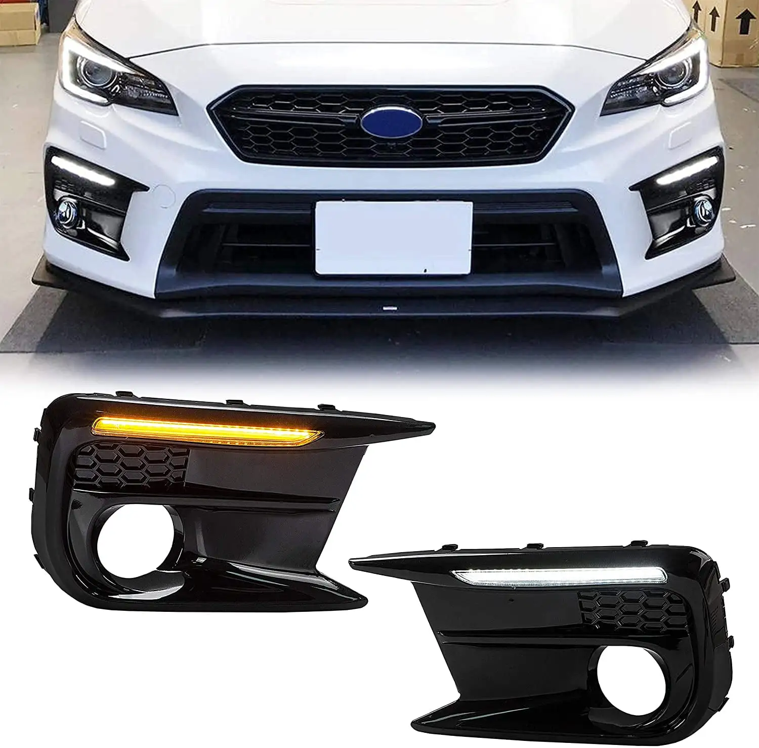 ECOTRIC Fog Lights Lamp Bezel Trim with LED White DRL & Amber Turn Signal Cover Compatible with 18-up Subaru WRX STI Replacement for 57731VA380 57731VA390