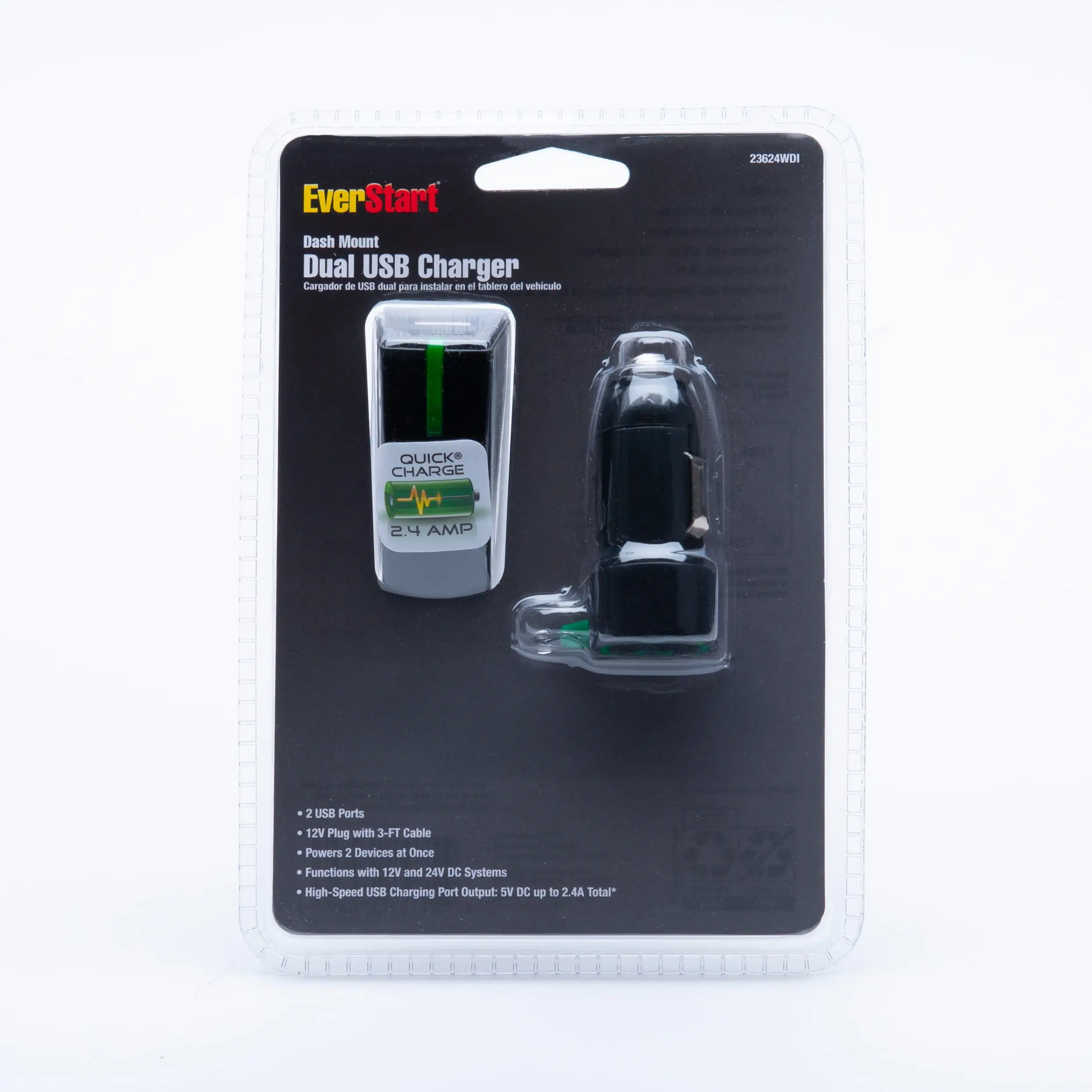 EverStart Automotive Electrical 12 Volt 2.4 Amp Dual USB Charger. Black. 23624WDI