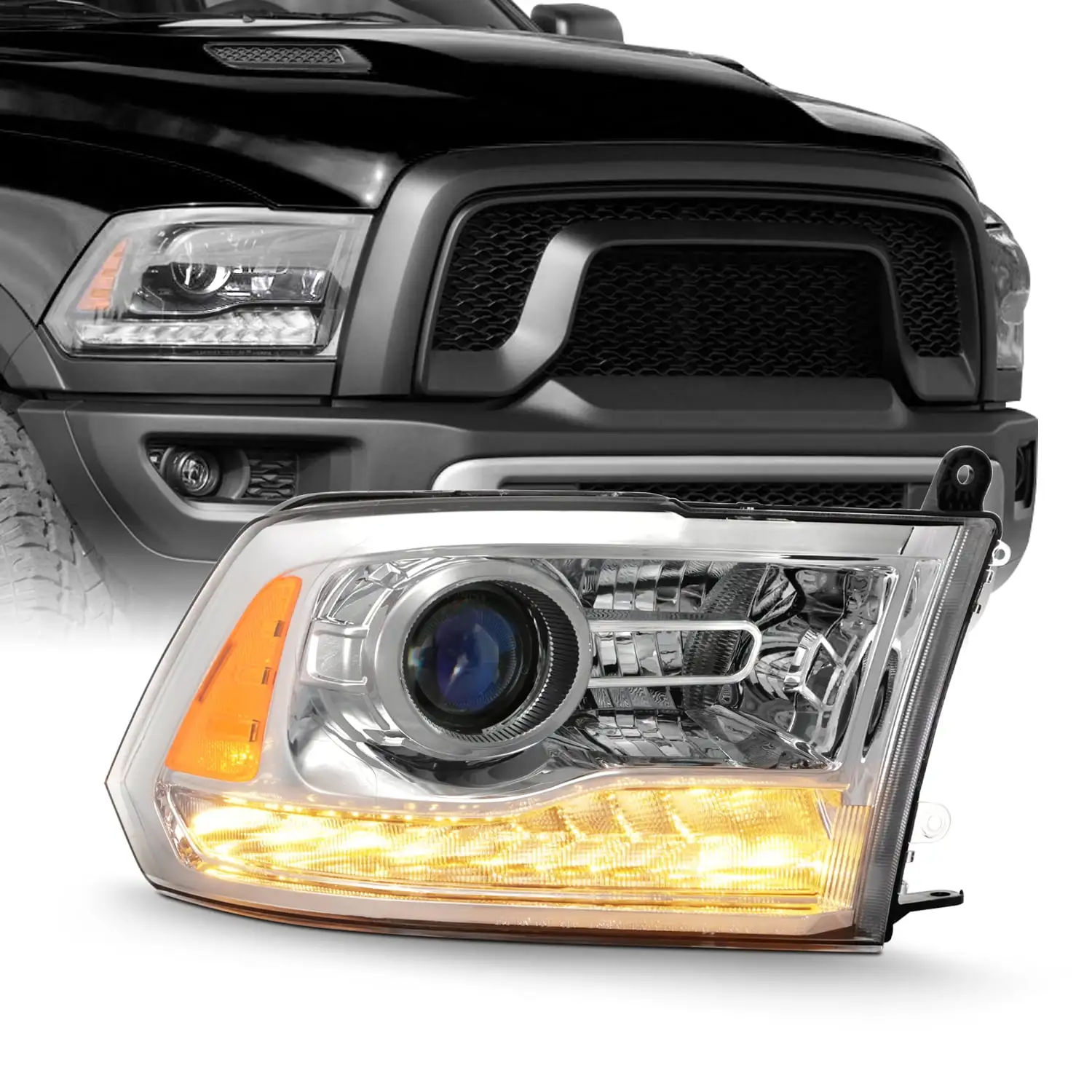 Fit 13-15 Ram OE Projector LED DRL Headlights Chrome Housing - Right Passenger Fits select: 2013-2015 RAM 1500. 2013-2015 RAM 2500