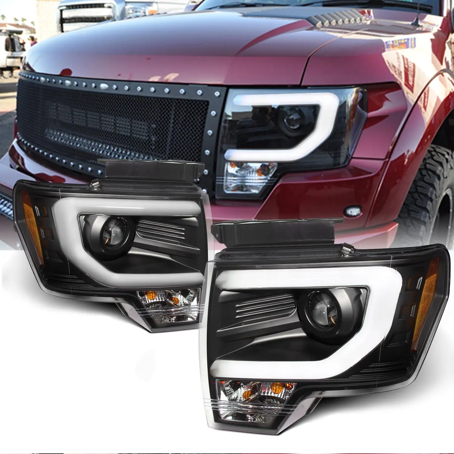 Fits 09-14 F150 F-150 Pickup Black Bezel LED Strip/Tube Projector Headlights Fits select: 2009-2014 FORD F150