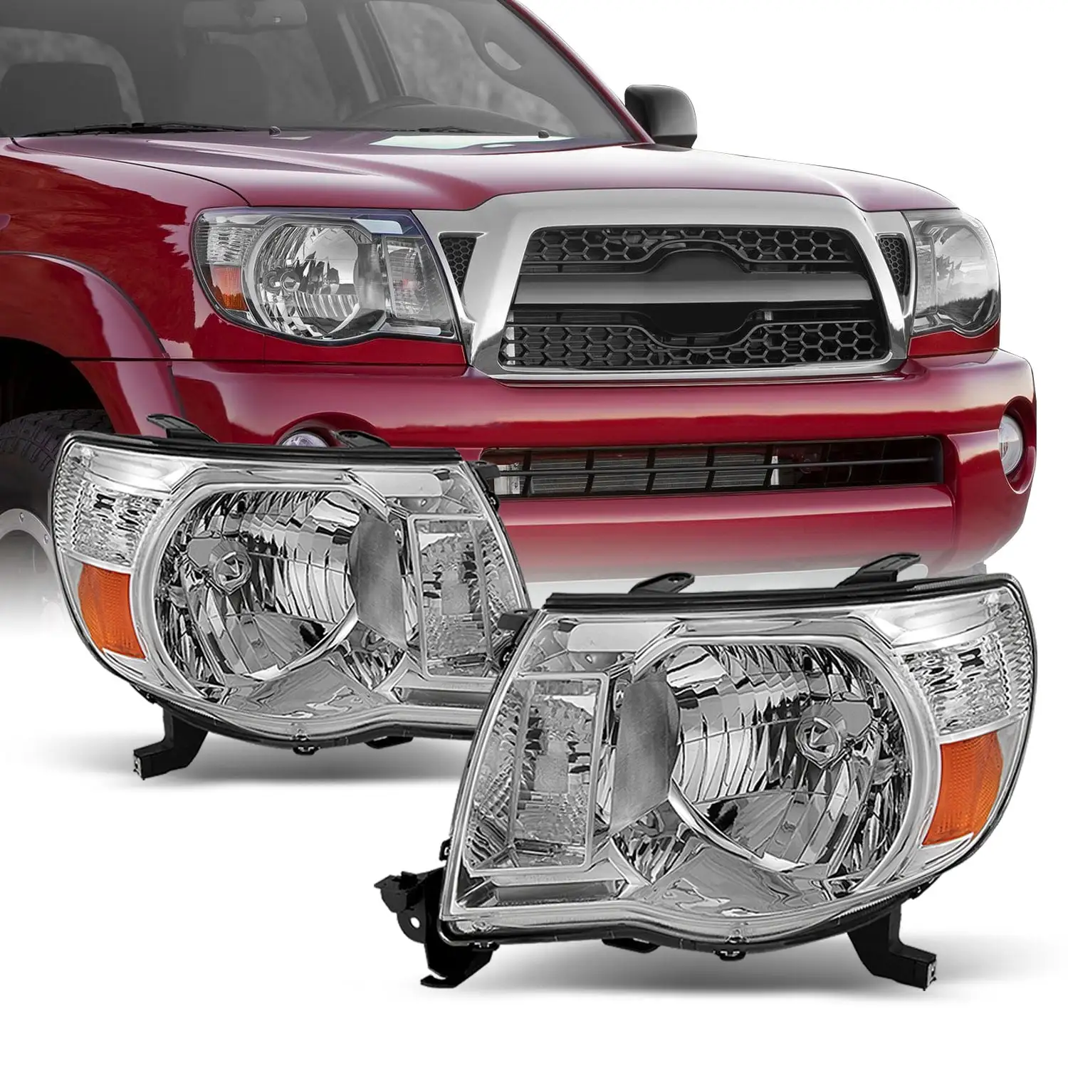 Fits 2005-2011 Toyota Tacoma Chrome Headlights Lamps Replacement Pair Left+Right