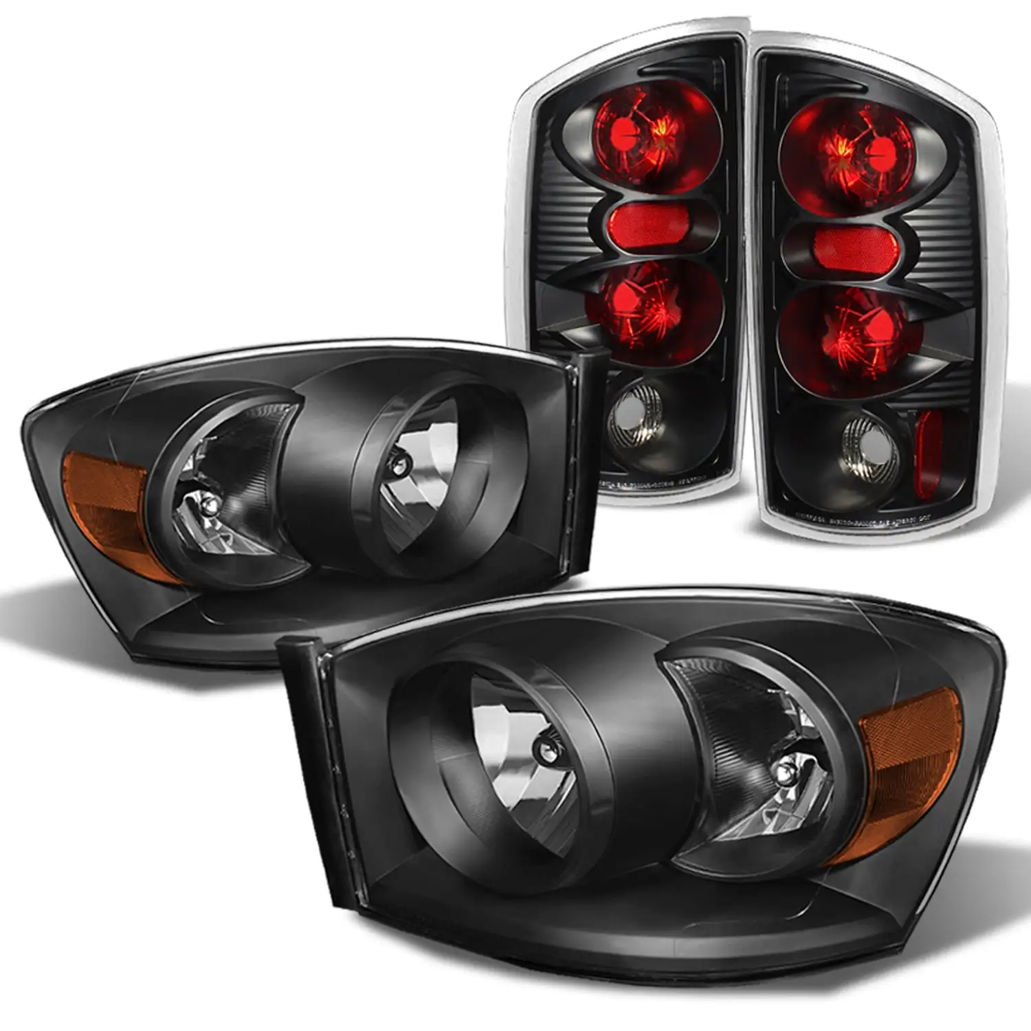 Fits 2006 Dodge Ram Pickup Truck Crystal Pattern Black Headlights Pair + Black Tail Light Lamps