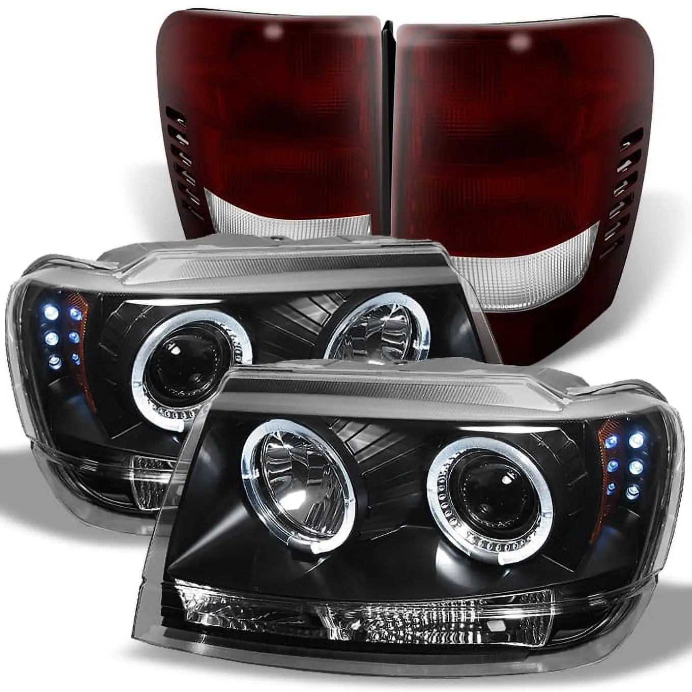 Fits 99-04 Grand Cherokee Black Halo Projector Headlights+Dark Red Tail Lights