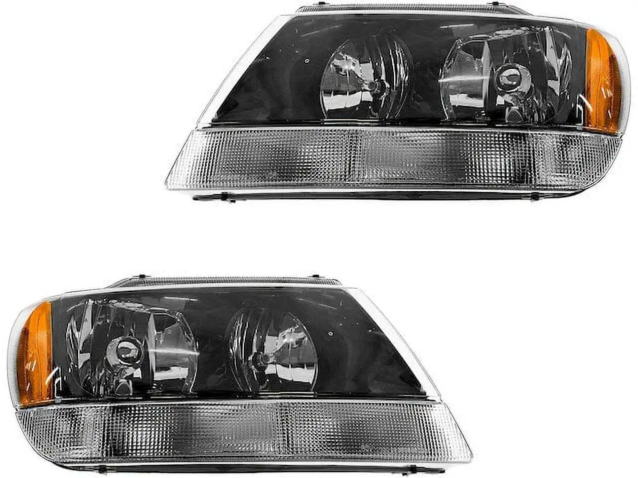 Headlight Assembly Set of 2 - with Dark Housing. with Clear Turn Signal - Compatible with 1999 - 2004 Jeep Grand Cherokee 2000 2001 2002 2003