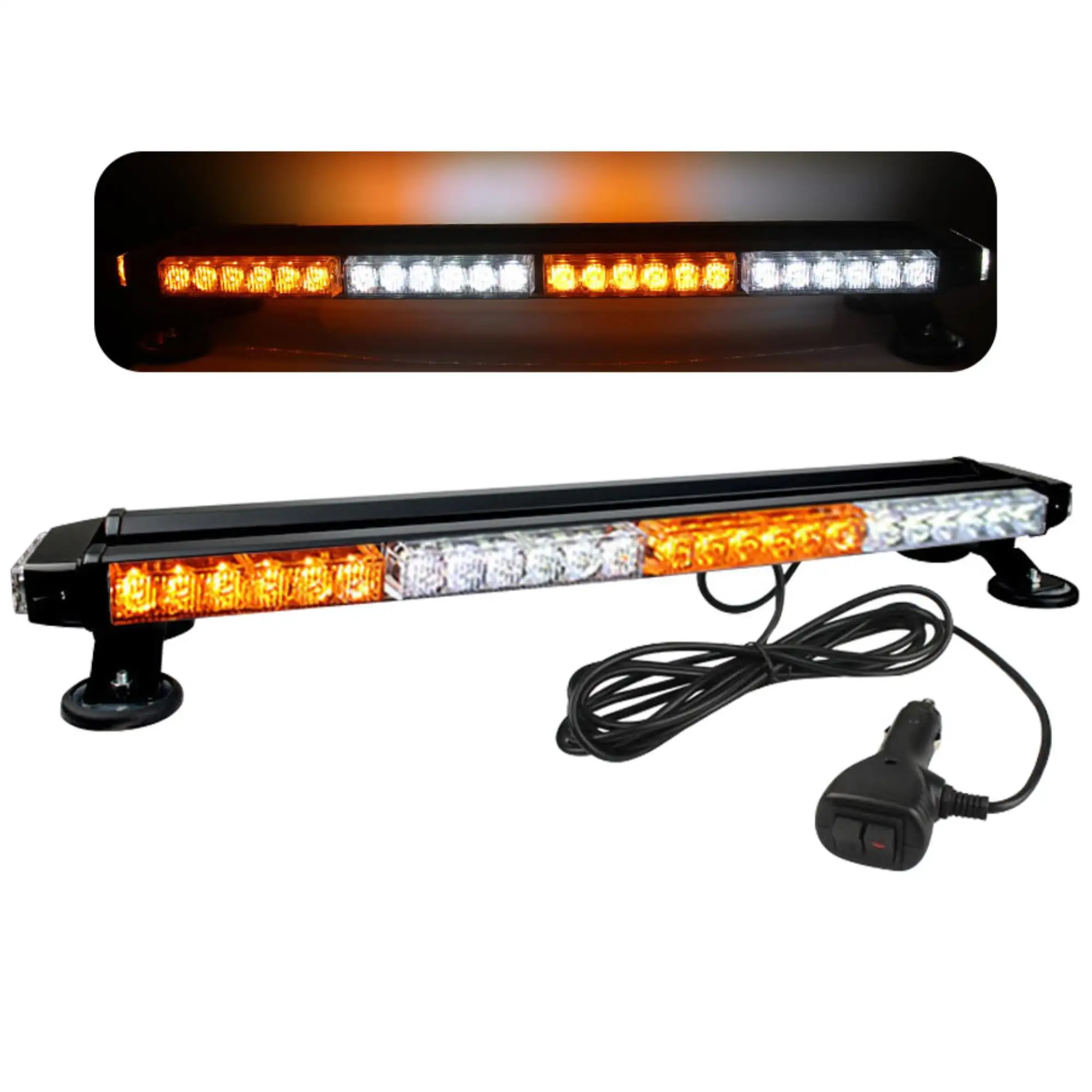 High Intensity Dual Color LED Flash Strobe Light Bar - Amber/White 26.5''. Magnetic Base. 16FT Power Cord