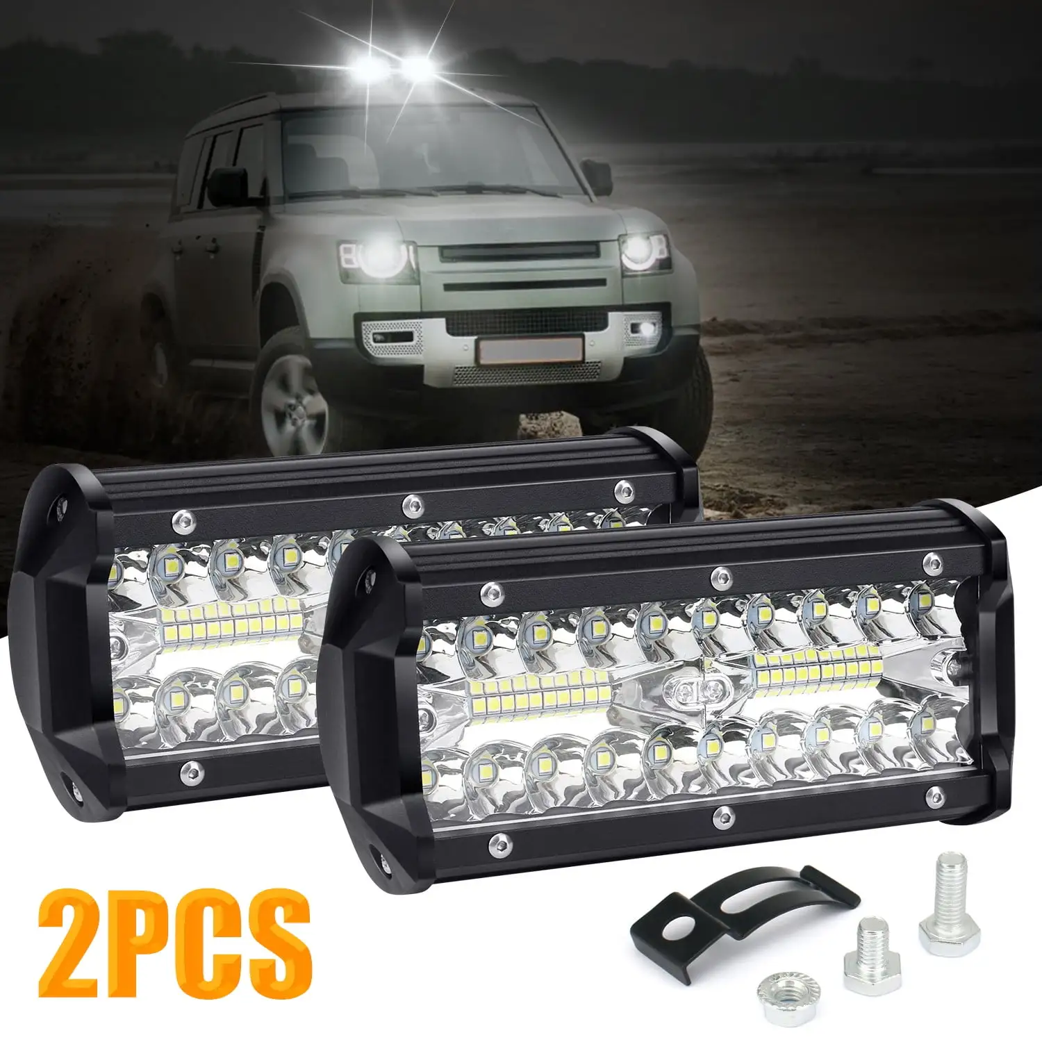 Htwon 2Pcs 7 Inch 12V 1200W LED Work Light Bar Flood Pods Driving Off-Road Tractor 4WD