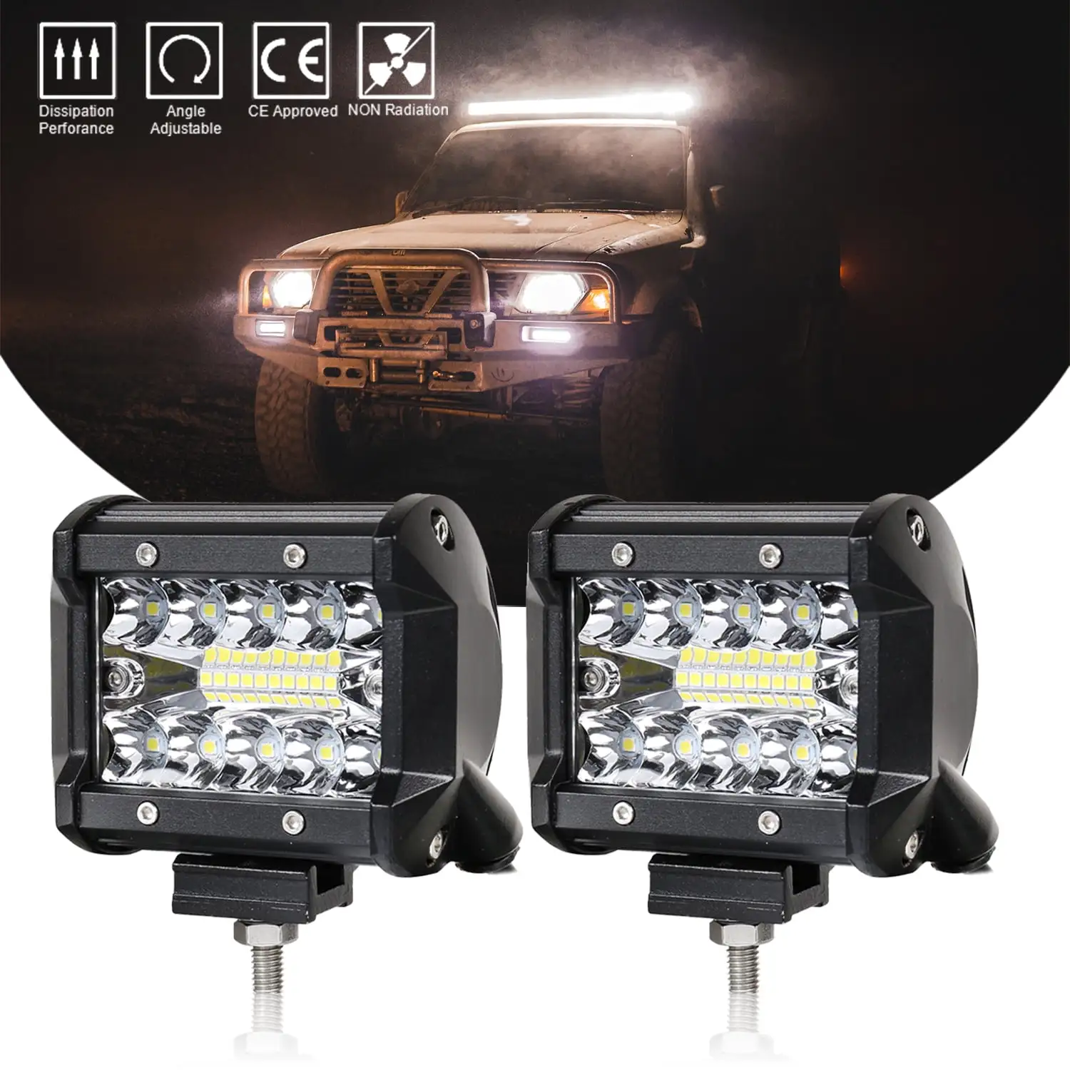 INTELIVE 2PCS 60W 4inch 24000LM Flood Spot Combo LED Work Light Pods Triple Row Work Driving Lamp for Trucks