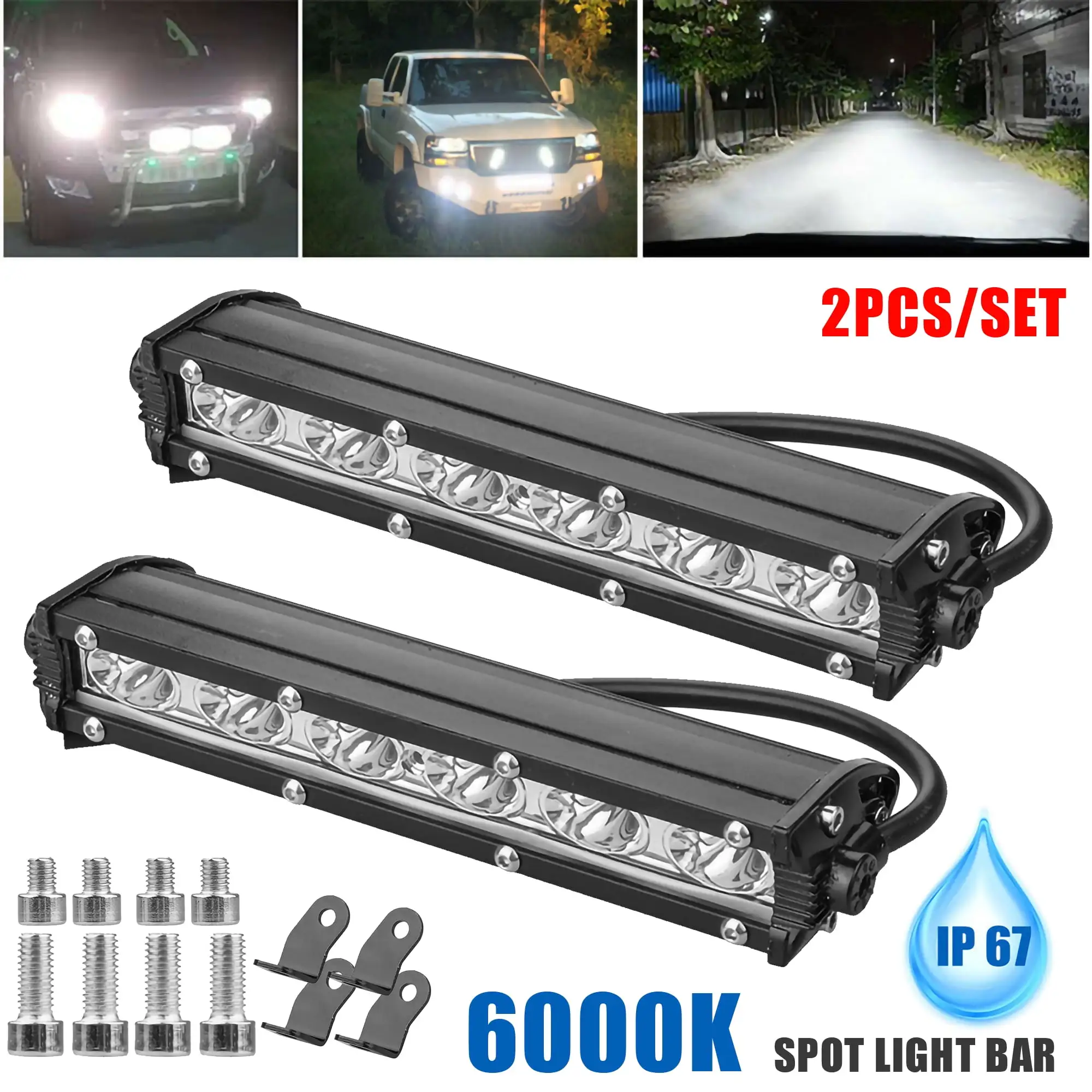 INTELIVE 2PCS 7inch Led Work Light Bar Single Row Off-Road 6000k 3600LM for Truck SUV ATV UTV Cars