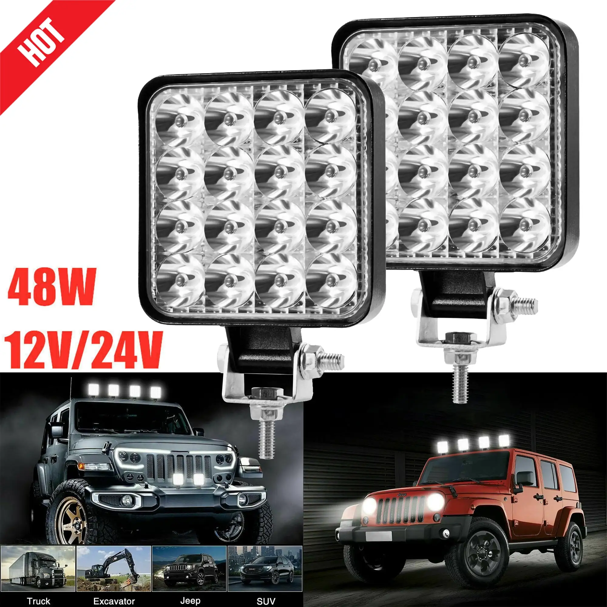 INTELIVE 2Pcs Square LED Work Light Bar 12-24V 48W off-Road Fog Lights for Truck SUV ATV Universal