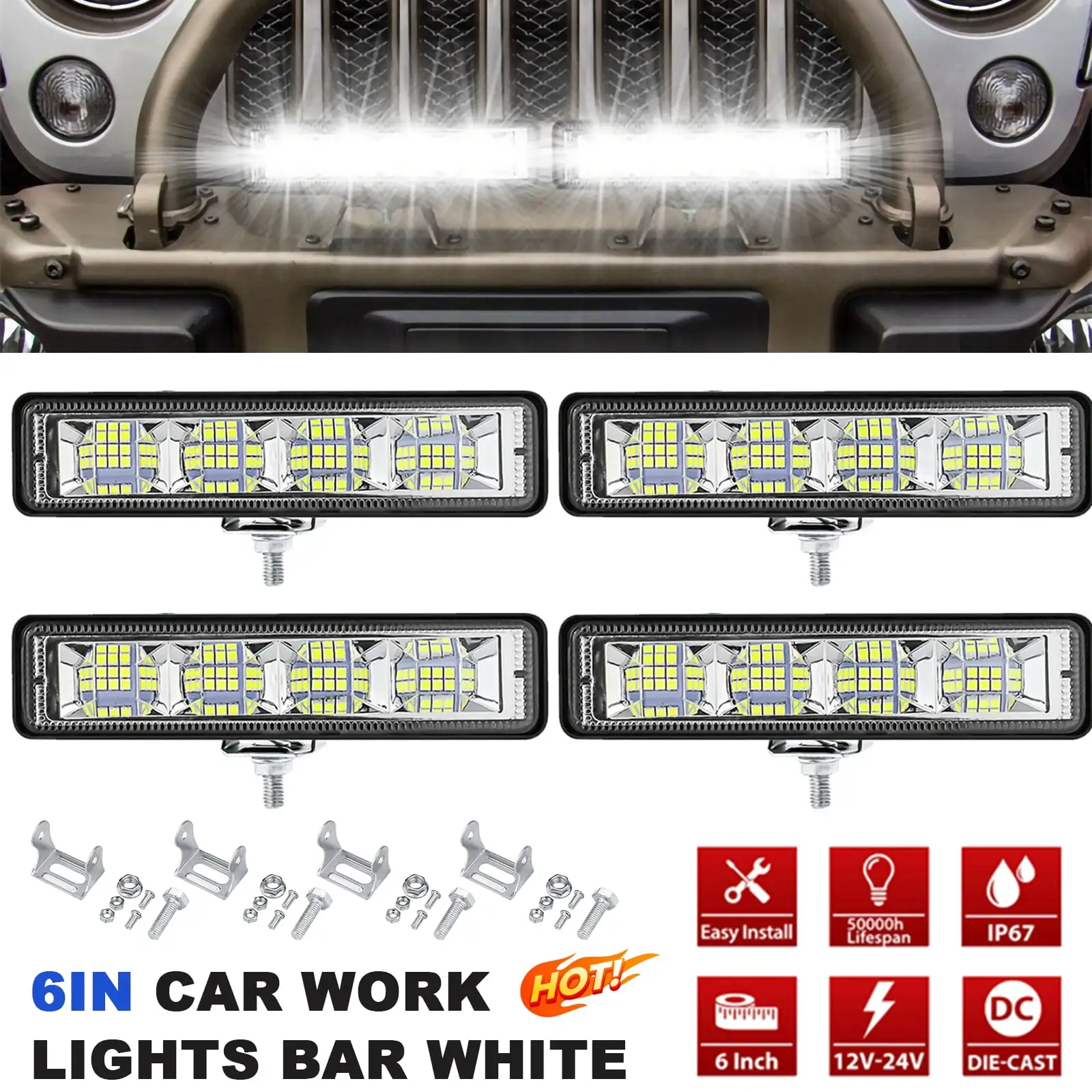 INTELIVE 4 Pcs 72W 3000LM 6inch Flood LED Light Bar Fog Waterproof Headlight Off-Road Work Light for Truck SUV ATV Cars