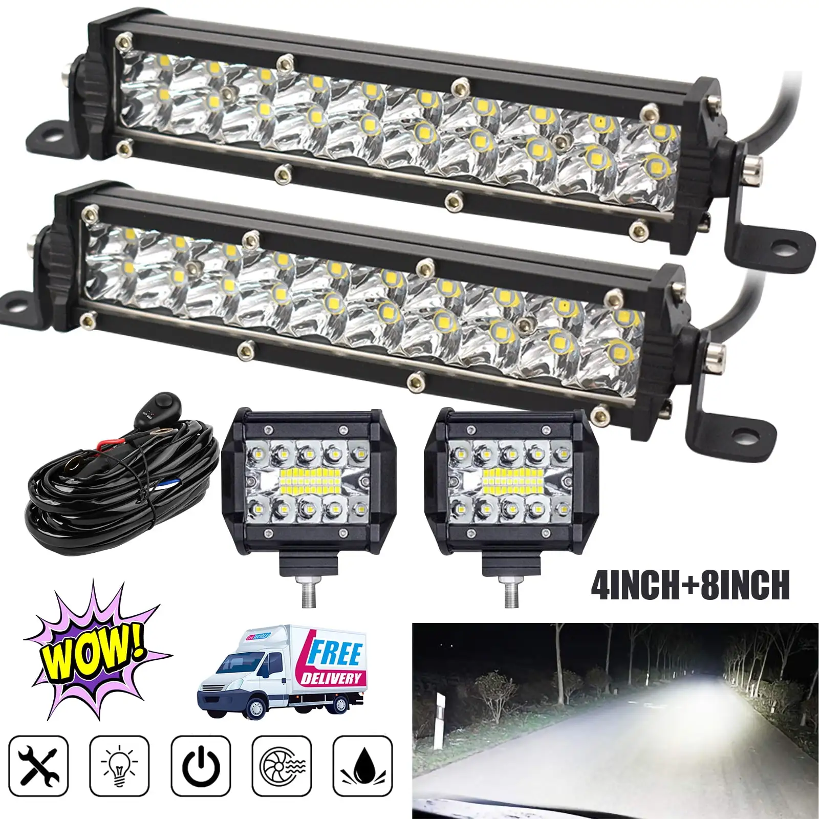 INTELIVE Pair 8inch LED Light Bar 9000LM+2pcs 4inch Spot Flood Work LED Lights with Wiring Harness Kit