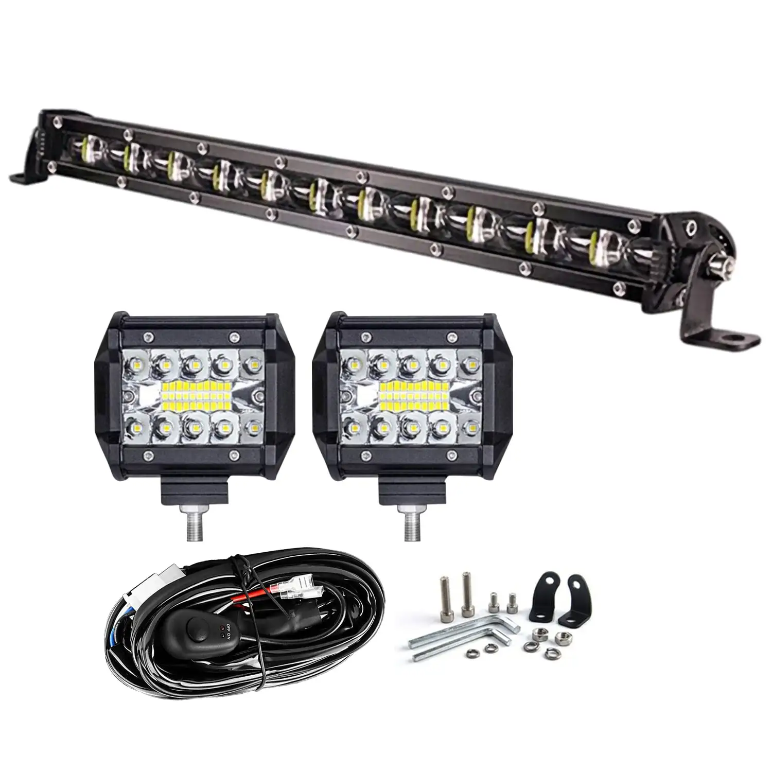 Jercoda 14 inch Single Row Bright LED Light Bar + 2pcs 4 inch 60W LED Work Light with 14AWG Wiring Harness Kit