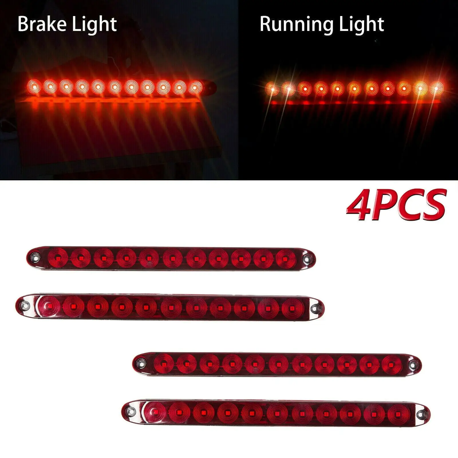 Kojem 4pcs Red 15 Inch Sealed 11 LED Third Brake Light Bar Stop Turn Signal Tail 3rd Brake Light ID Bar Truck Trailer RV Camper Waterproof