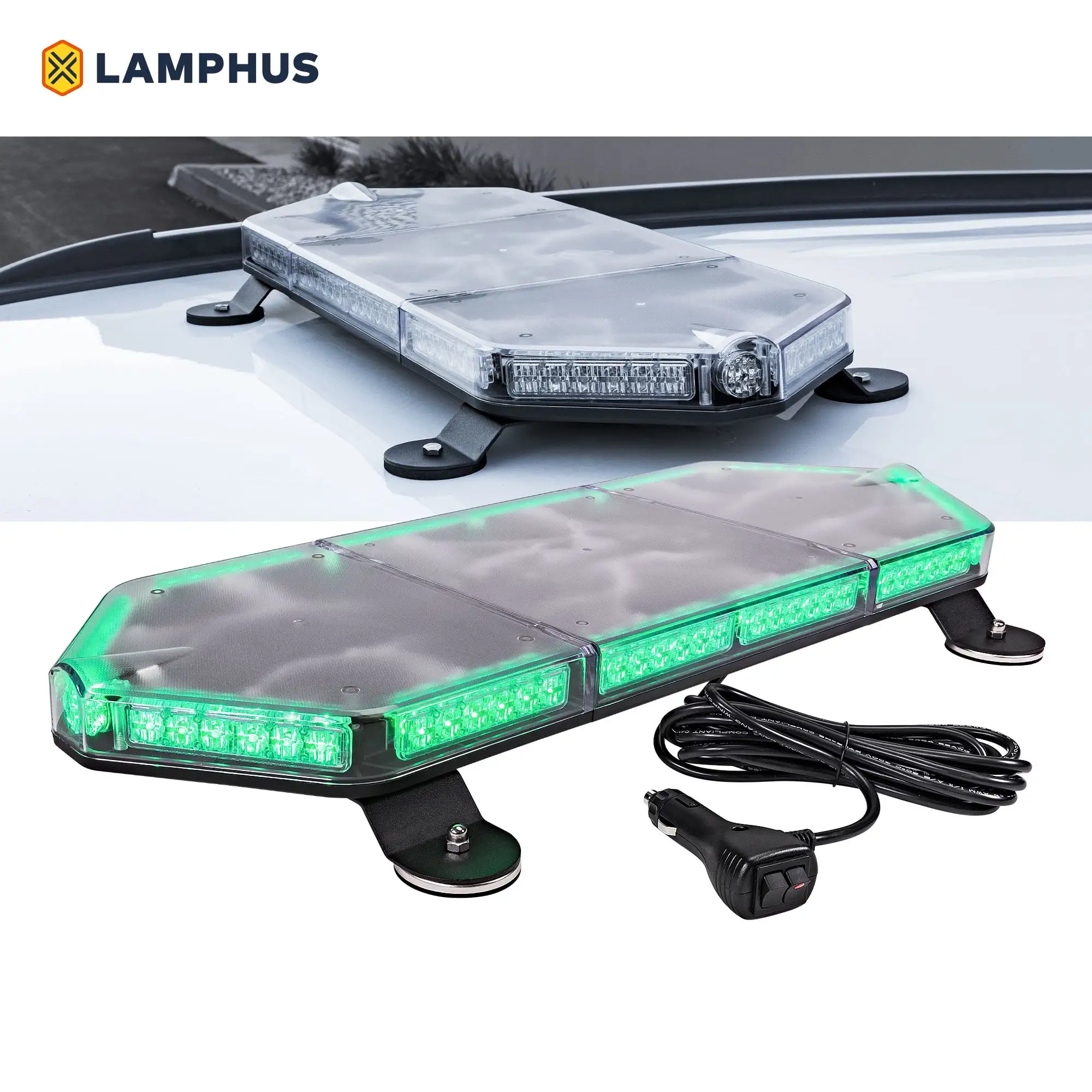 LAMPHUS NanoFlare NFMB80 26 80W LED Mini Light Bar [SAE Class 1] [63 Flash Patterns] [Plug & Play 12ft Cord] [Magnet/Permanent Mount] Emergency Strobe Hazard Warning Light - Green