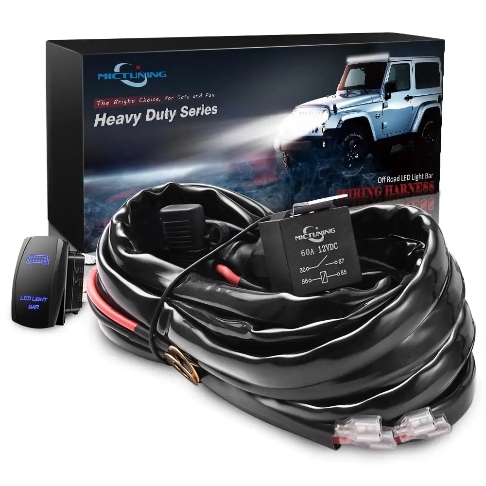 MICTUNING 2 Lead HD+ 12 Gauge 600W LED Light Bar Wiring Harness 60Amp Relay 3 Fuse Rocker Switch