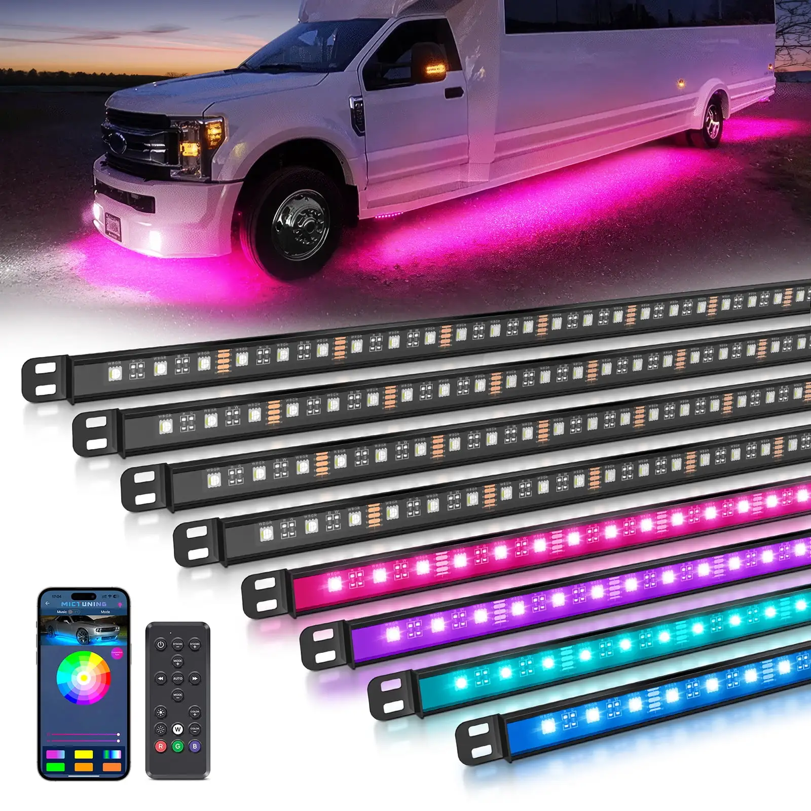 MICTUNING N8 RGBW Underglow Light Bars for RVs. App/Remote Control. Aluminum Housing Waterproof. Exterior Neon Accent Underbody LED Light strips. w/ 2pcs 11.4ft Extension Cords