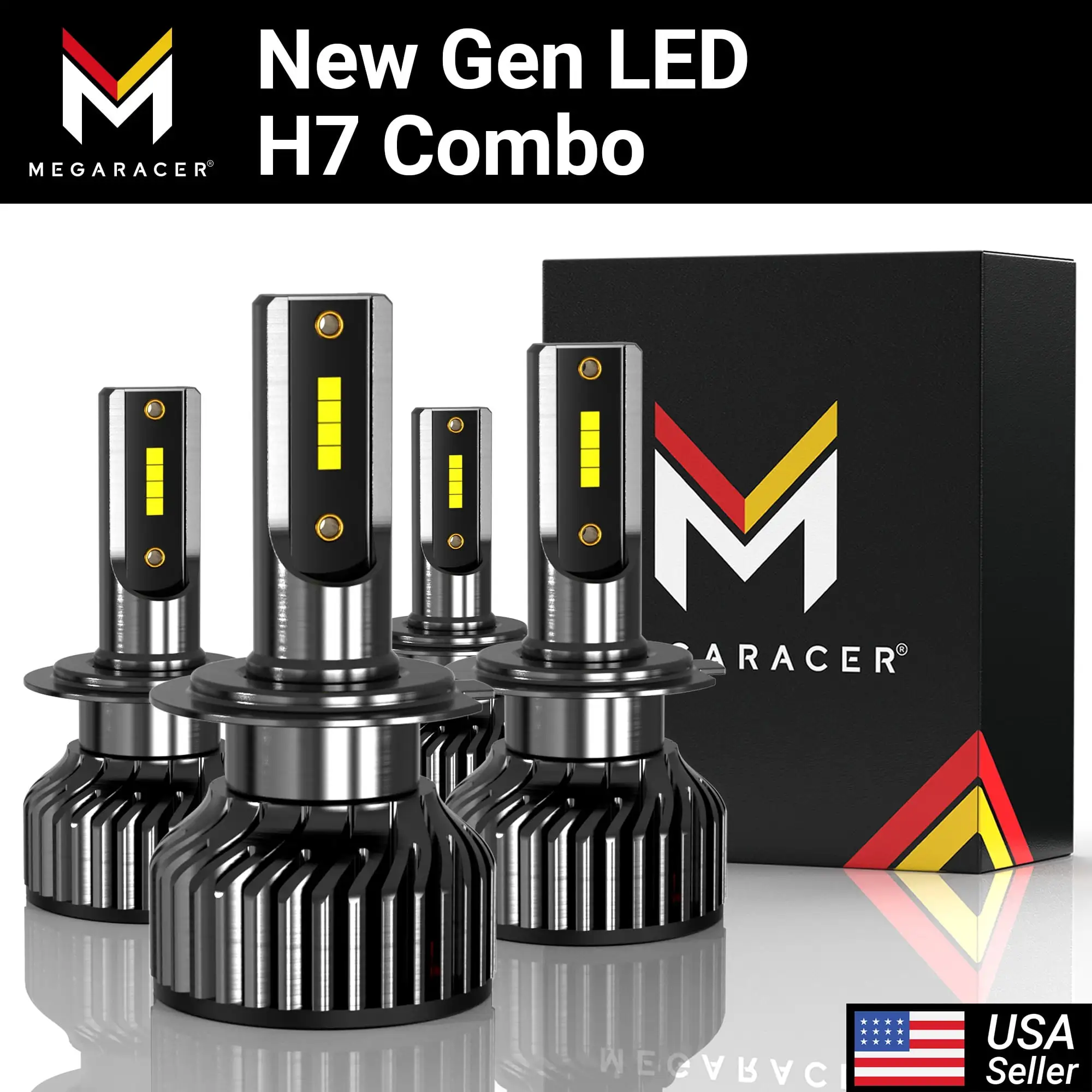 Mega Racer Combo H7 LED Headlight Bulb 4 PACK - 6000K Bright White 12V 60W 16000LM High Low Beam Headlights Replacement Bulbs