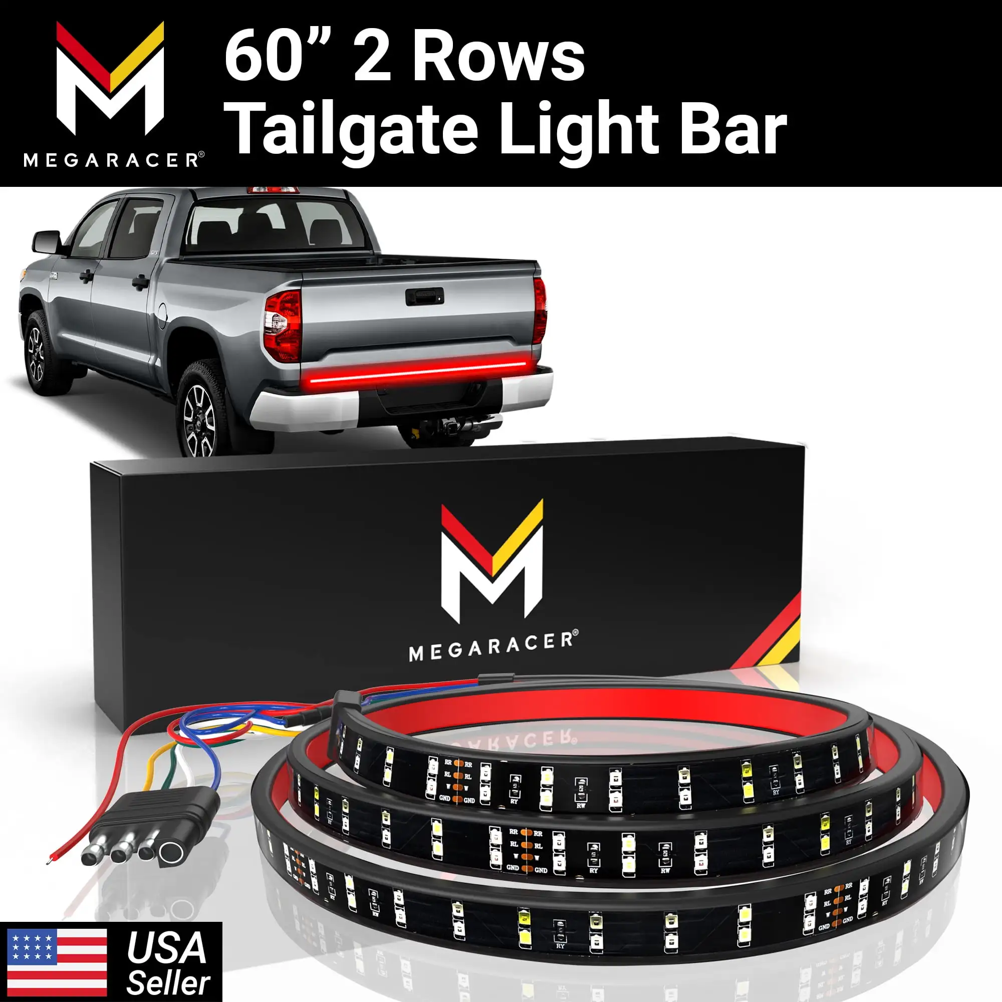 Mega Racer Double Row 60 Inch Truck LED Tailgate Light Bar. 1 PACK - Waterproof. Red Turn Signal & Brake Light. White Reverse Light