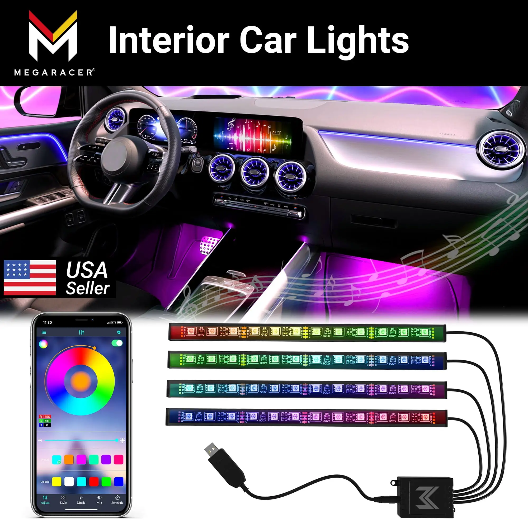 Mega Racer Interior Car Lights - USB. App Control. 16 Million+ RGB Colors. 4 LED Strips Fits select: 1990-2022 FORD F150. 1999-2022 CHEVROLET SILVERADO