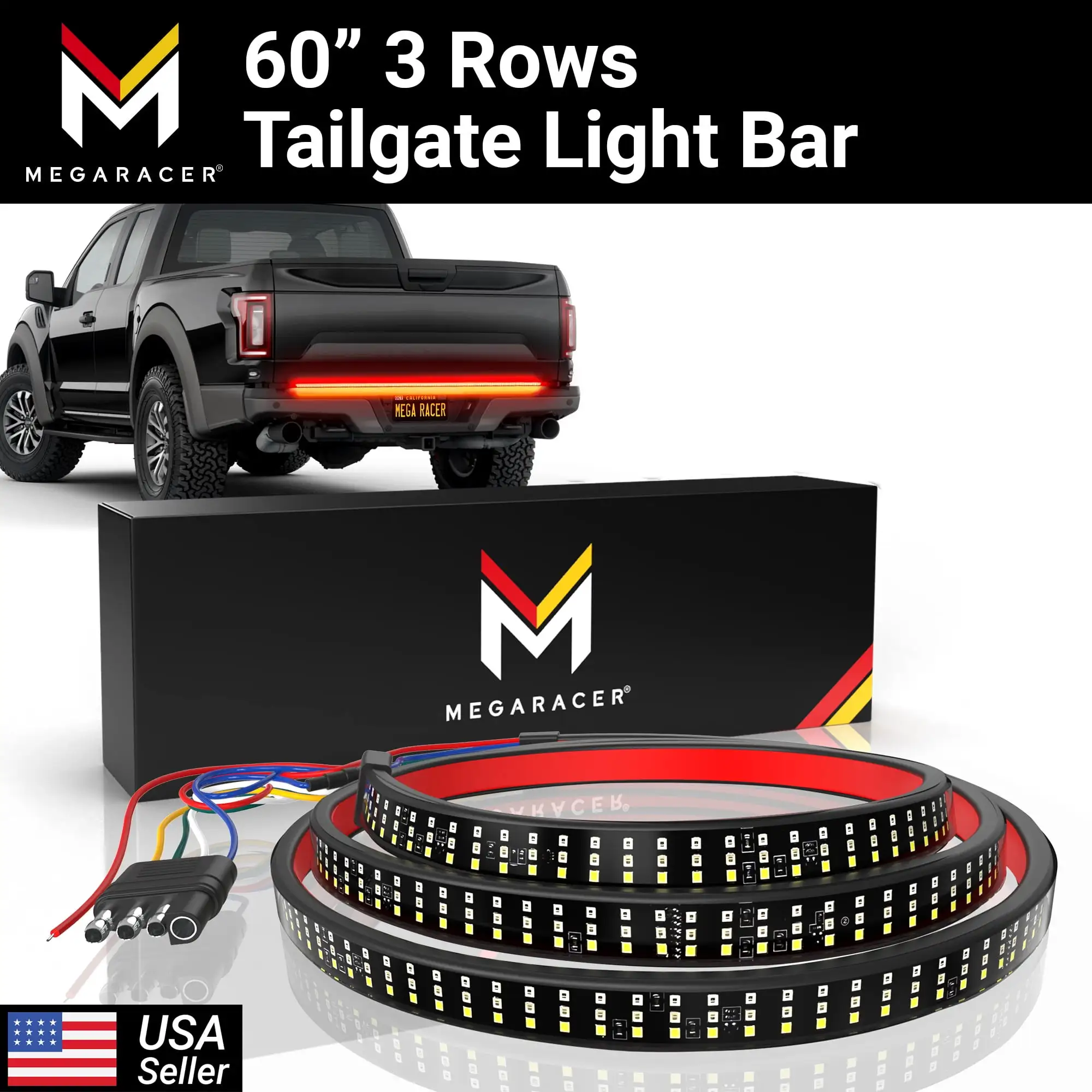 Mega Racer Triple Row 60 Inch Truck LED Tailgate Light Bar. 1 PACK - Waterproof. Amber Turn Signal. Red Brake Light. White Reverse Light