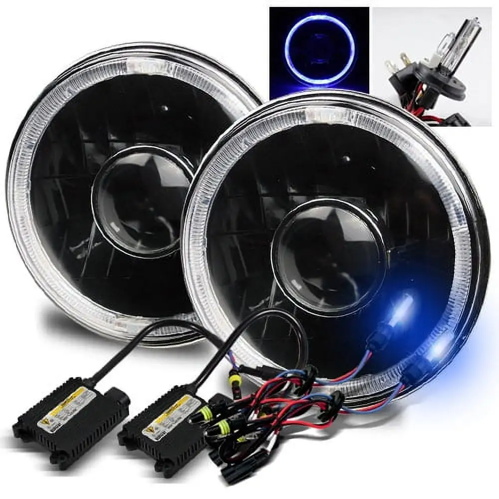 Modifystreet 10000K H4-2 HID + Blue LED Halo H6014/H6015/H6017/H6052/H6024 7 Round Semi-Sealed Beam Projector Headlights Conversion Kit - Black Housing