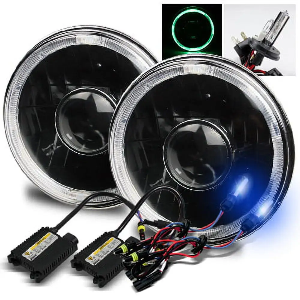 Modifystreet 10000K H4-2 HID + Green LED Halo H6014/H6015/H6017/H6052/H6024 7 Round Semi-Sealed Beam Projector Headlights Conversion Kit - Black Housing