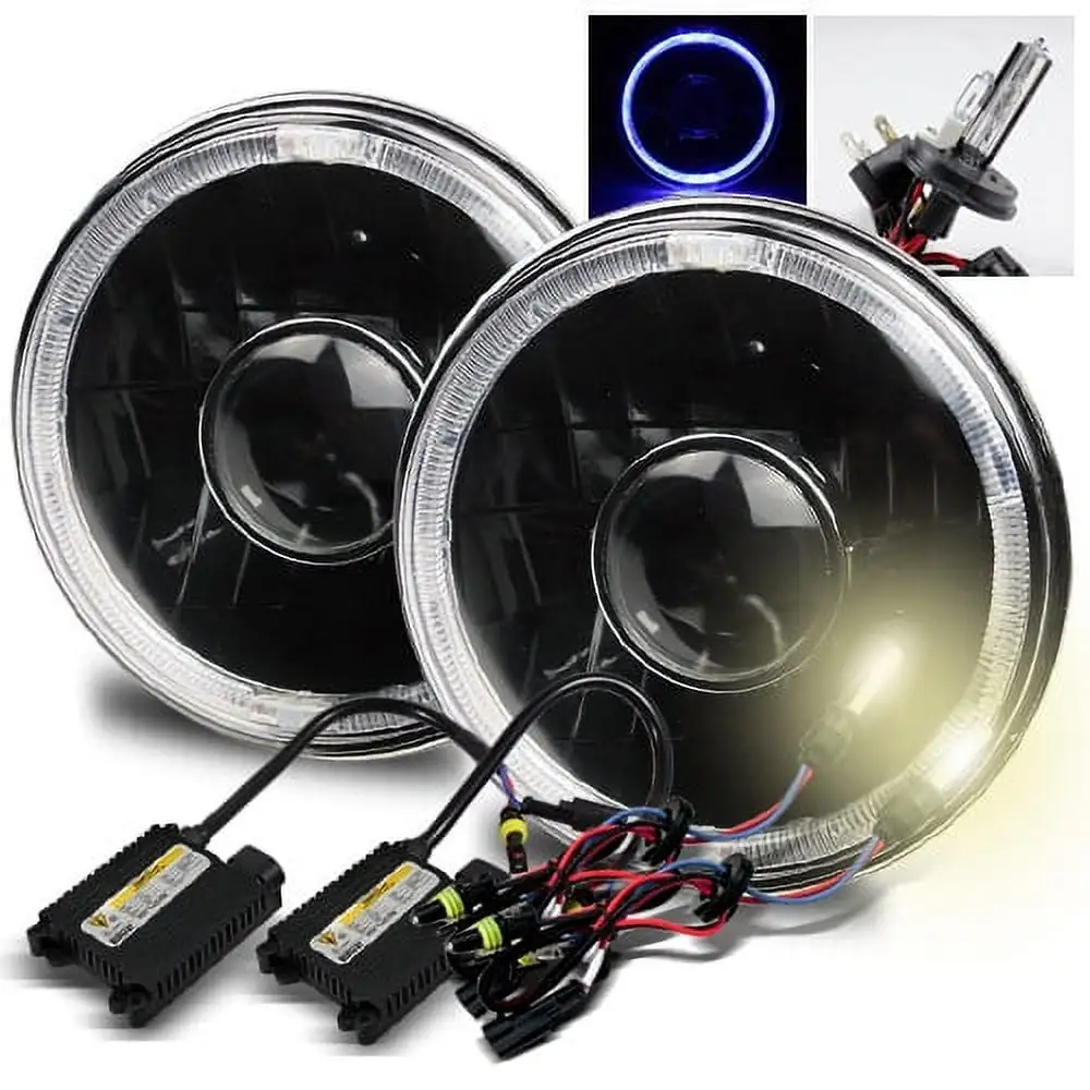 Modifystreet 4300K H4-2 HID + Blue LED Halo H6014/H6015/H6017/H6052/H6024 7 Round Semi-Sealed Beam Projector Headlights Conversion Kit - Black Housing