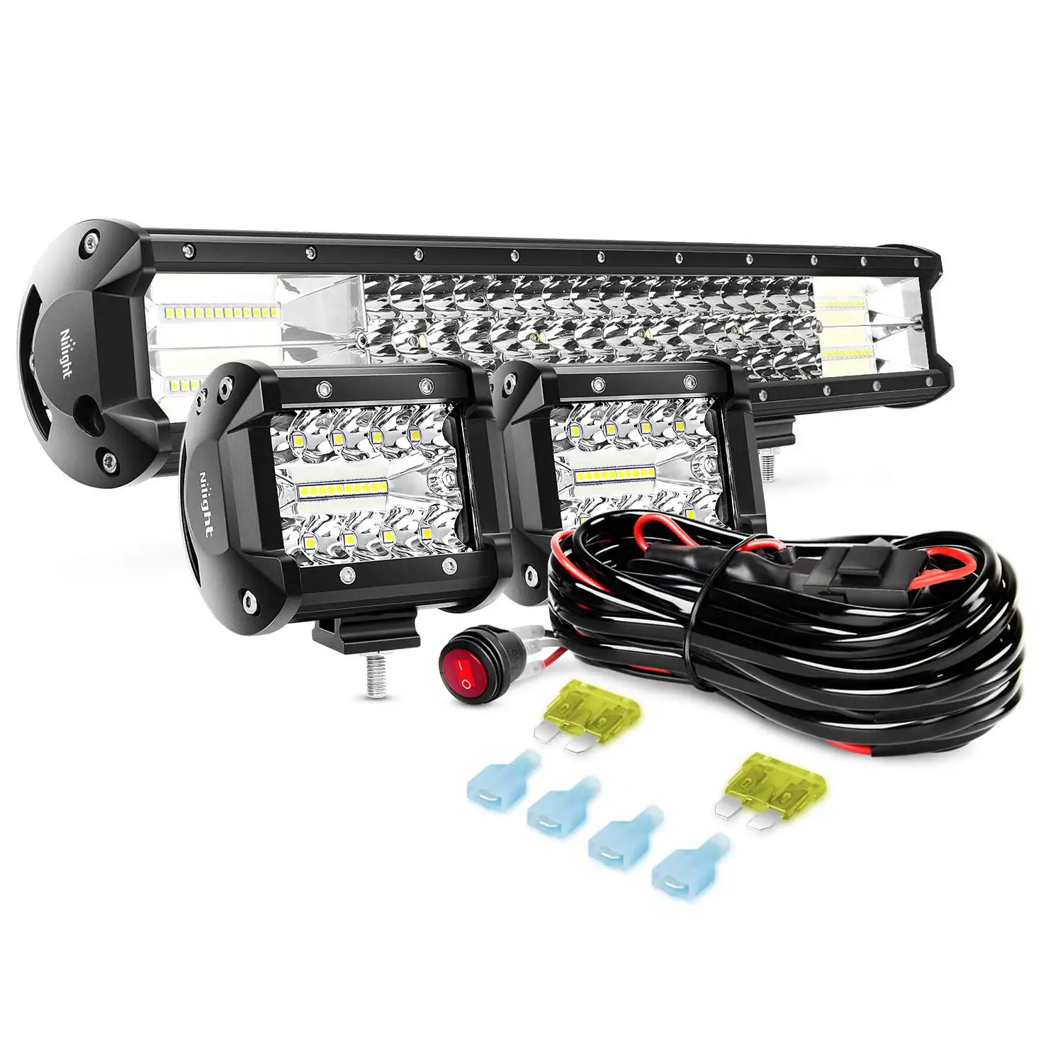 NILIGHT 20 288W TRI-ROW COMBO WORK LIGHT BAR + 2x4 60W LED LIGHTS + WIRING KIT. 2 Year Warrant