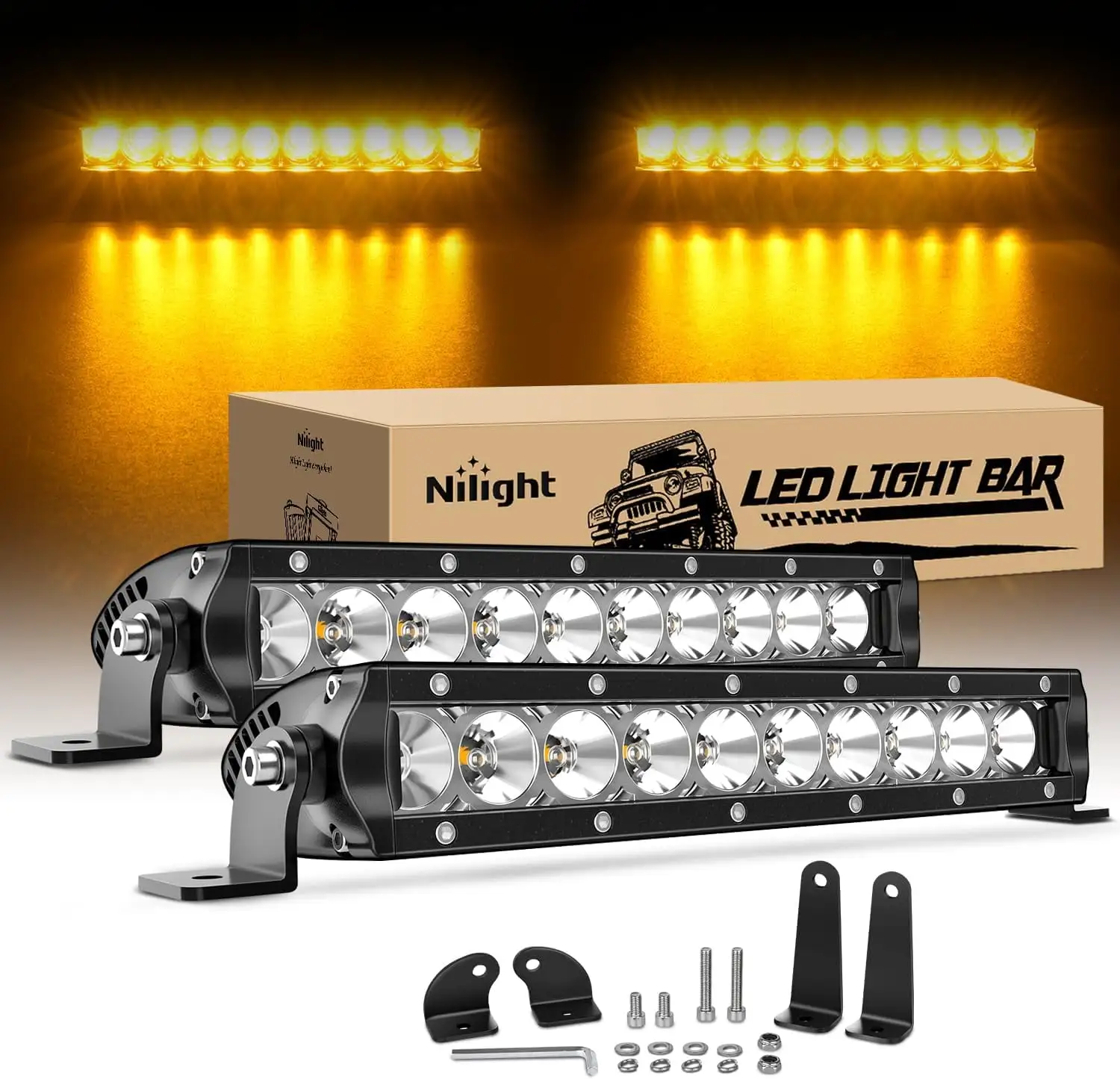 Nilight 11 Inch Amber Single Row Led Light Bar Super Slim 2PCS 50W Flood Driving Fog Off Road LED Lights Bumper Lights Reverse Lights for Trucks Ford 2 Style Mounting Brackets. 2 Years Warranty