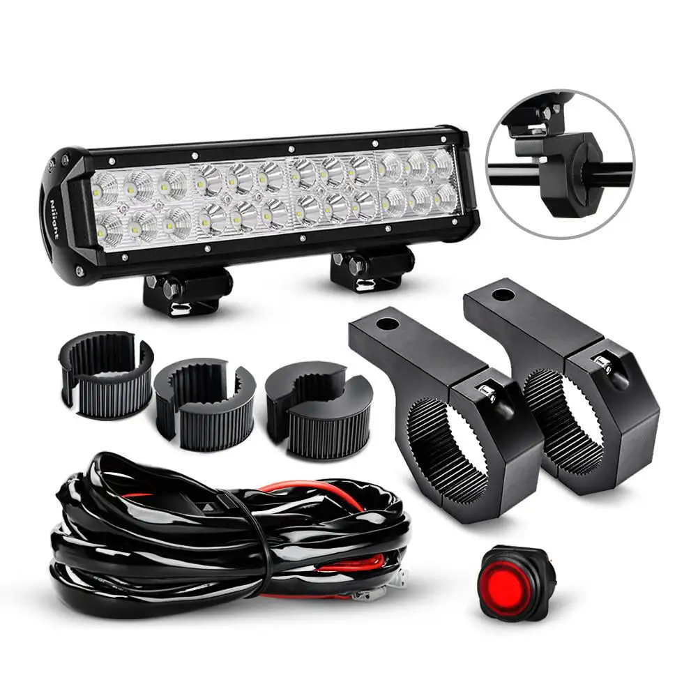 Nilight 12 Inch 72W Spot Flood Combo LED Light Bars Off-Road Light Mounting Bracket Horizontal Bar Tube Clamp With Off Road Wiring Harness. 2 Years Warranty