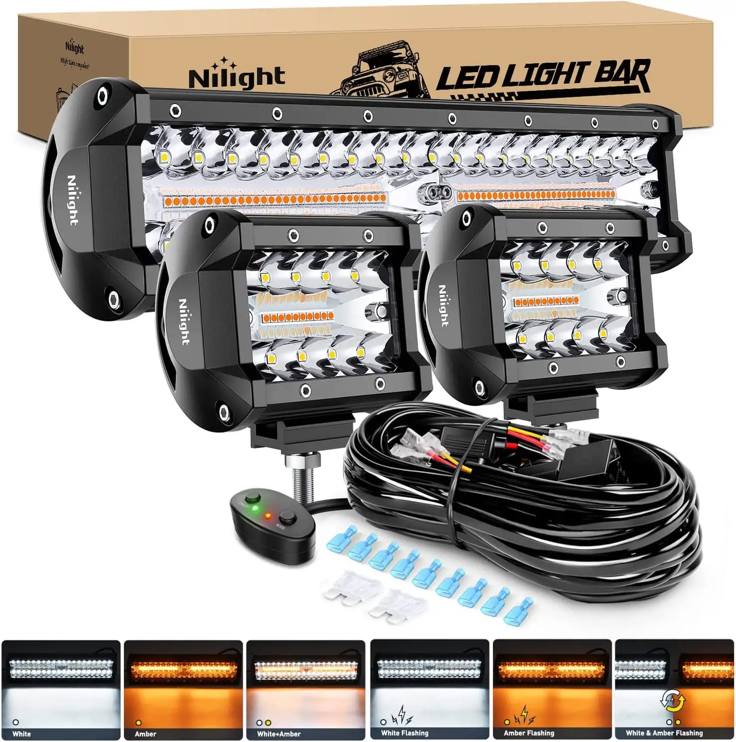 Nilight 12Inch 300W LED Light Bar 2PCS 4Inch 60W Light Pods Amber White Strobe 6 Modes Memory Function Reset Function Off Road Truck with 16AWG Wiring Harness Kit-3 Leads. 2 Years Warranty