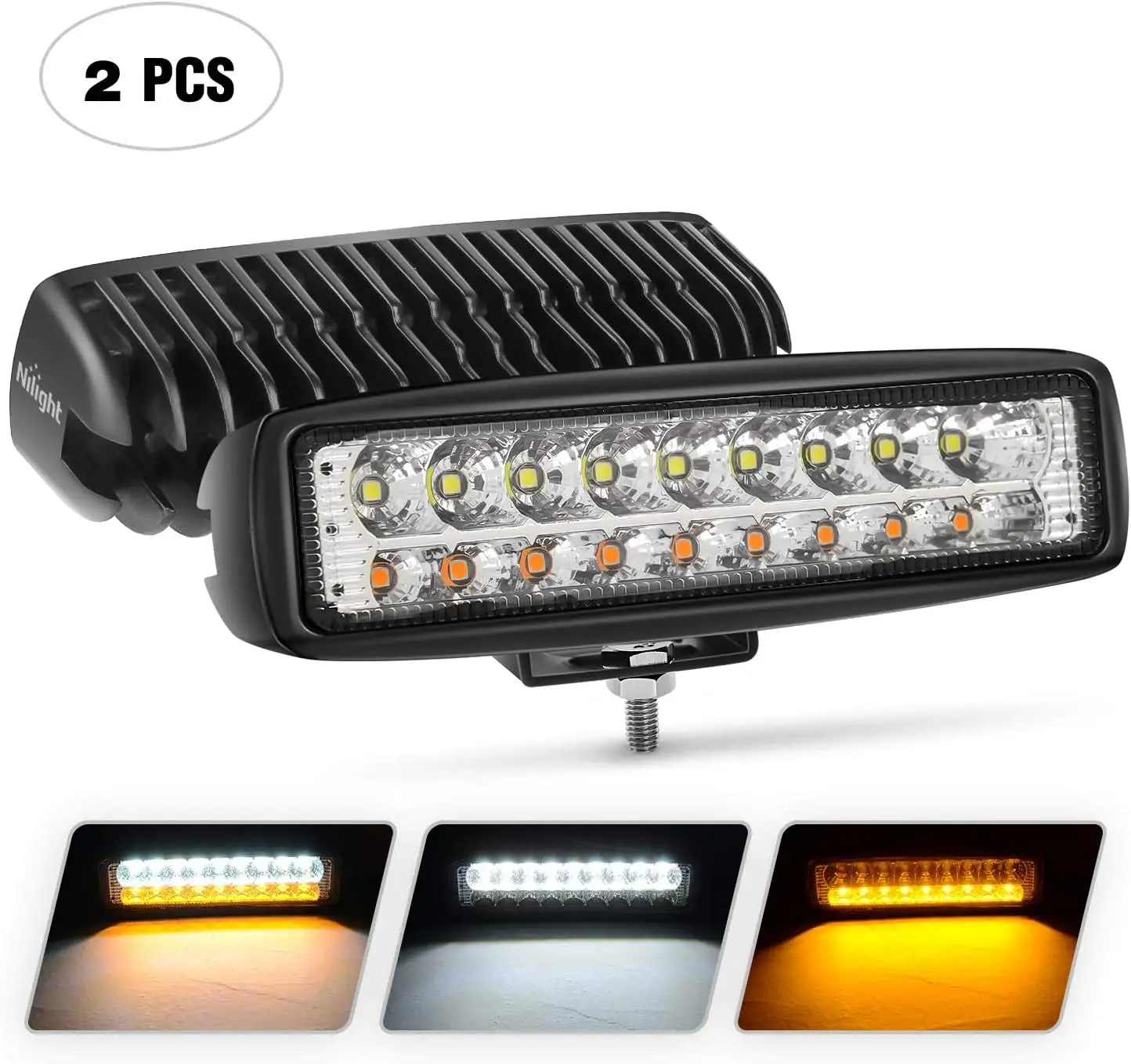 Nilight 15020F-B 2PCS 54W White/Amber Lights Bar 6 Inch Flood Fog Road Boat Driving Led Work SUV Jeep Lamp. 2 Years Warranty