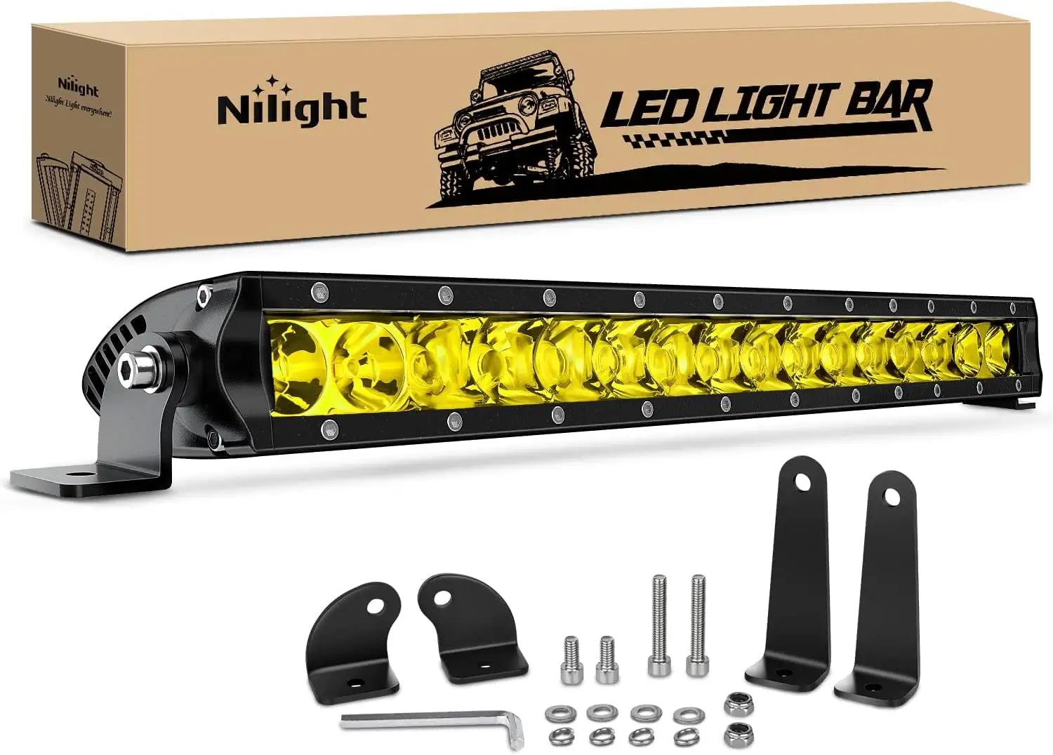 Nilight 17 Inch Amber Single Row Led Light Bar Super Slim 80W LED Work Light Spot Flood Combo Off Road LED Lights Bumper Lights for Trucks Ford 2 Style Mounting Brackets. 2 Years Warranty