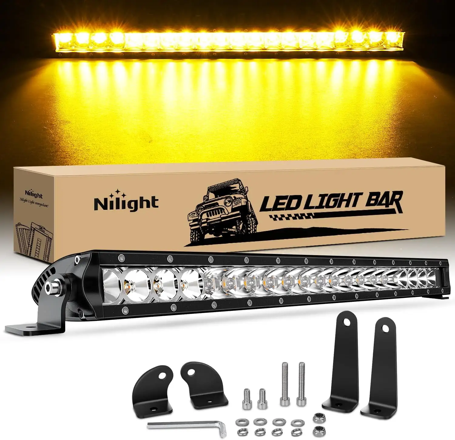 Nilight 21 Inch Amber Single Row Led Light Bar Super Slim 100W Flood Spot Combo Driving Off Road 3D LED Fog & Driving Light Roof Bumper Light Bars for Jeep Ford Trucks Boat. 2 Years Warranty