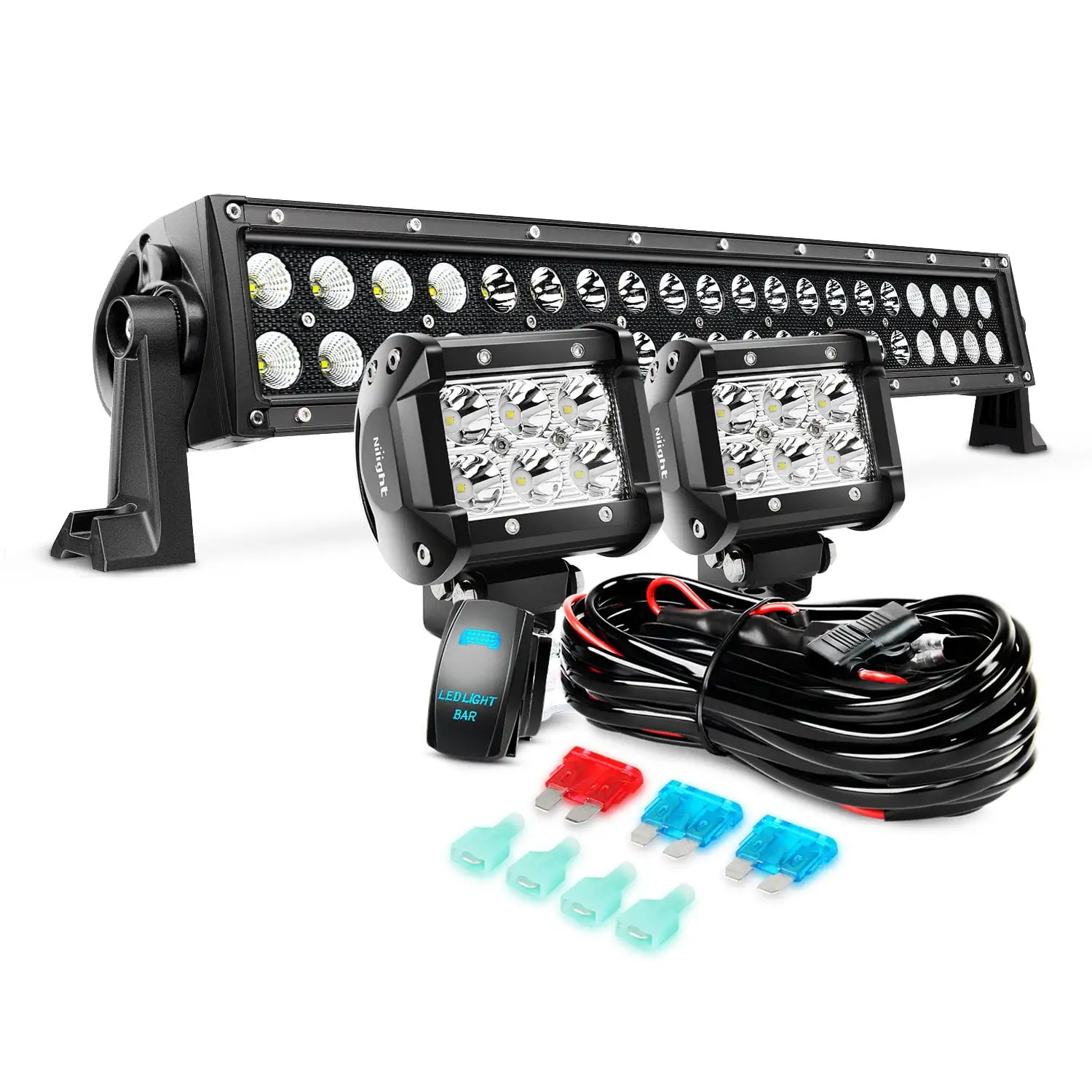 Nilight 22 Inch 120 W Spot Flood Combo LED Light Bar & 2PCS 4Inch 18W Spot LED Pods & Wiring Harness Kit for Rv Atv SUV Boat Jeep Lamp Tractor Marine Off-road Lighting. 2 years Warranty