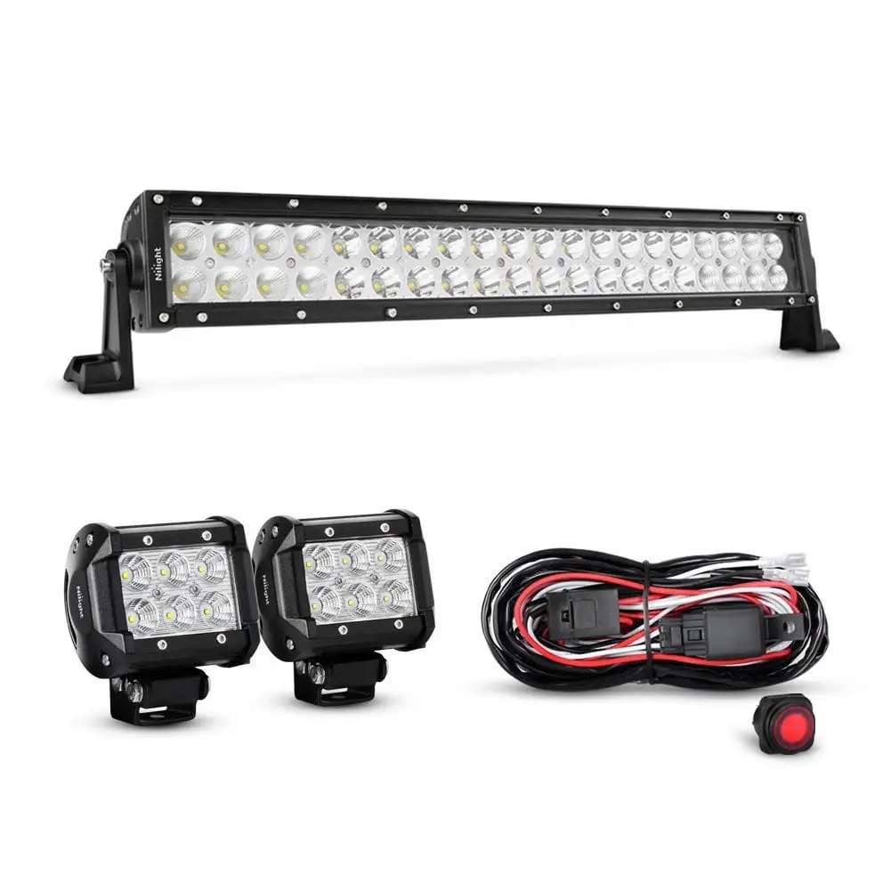 Nilight 22 Inch 120W Spot Flood Combo LED Work Light Bar 2PCS 4 Inch 18W Flood LED Off-Road Fog Lights With Wiring Harness. 2 years Warranty