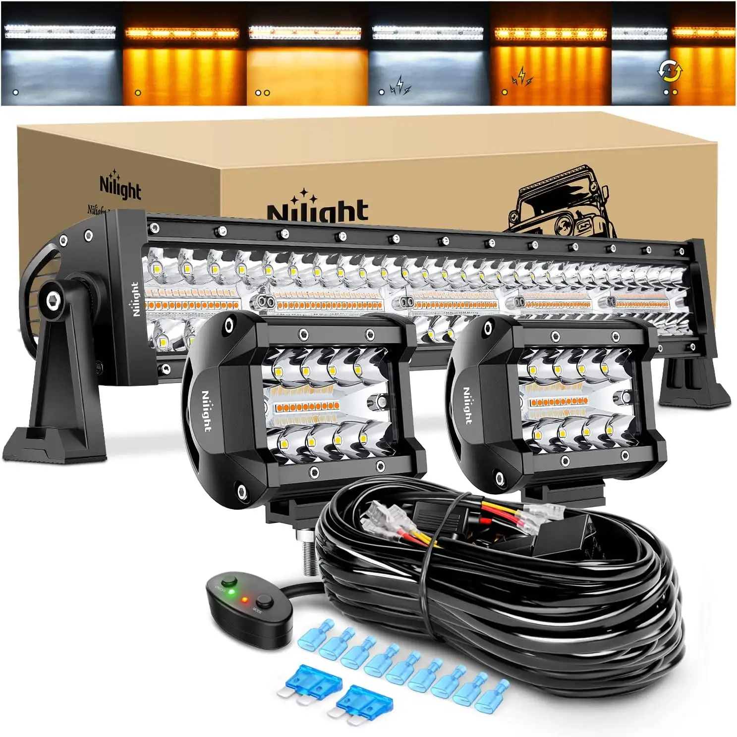 Nilight 22Inch 480W LED Light Bar 2PCS 4Inch 60W Light Pods Amber White Strobe 6 Modes Memory Function Reset Function Off Road Truck with 16AWG Wiring Harness Kit-3 Leads. 2 Years Warranty