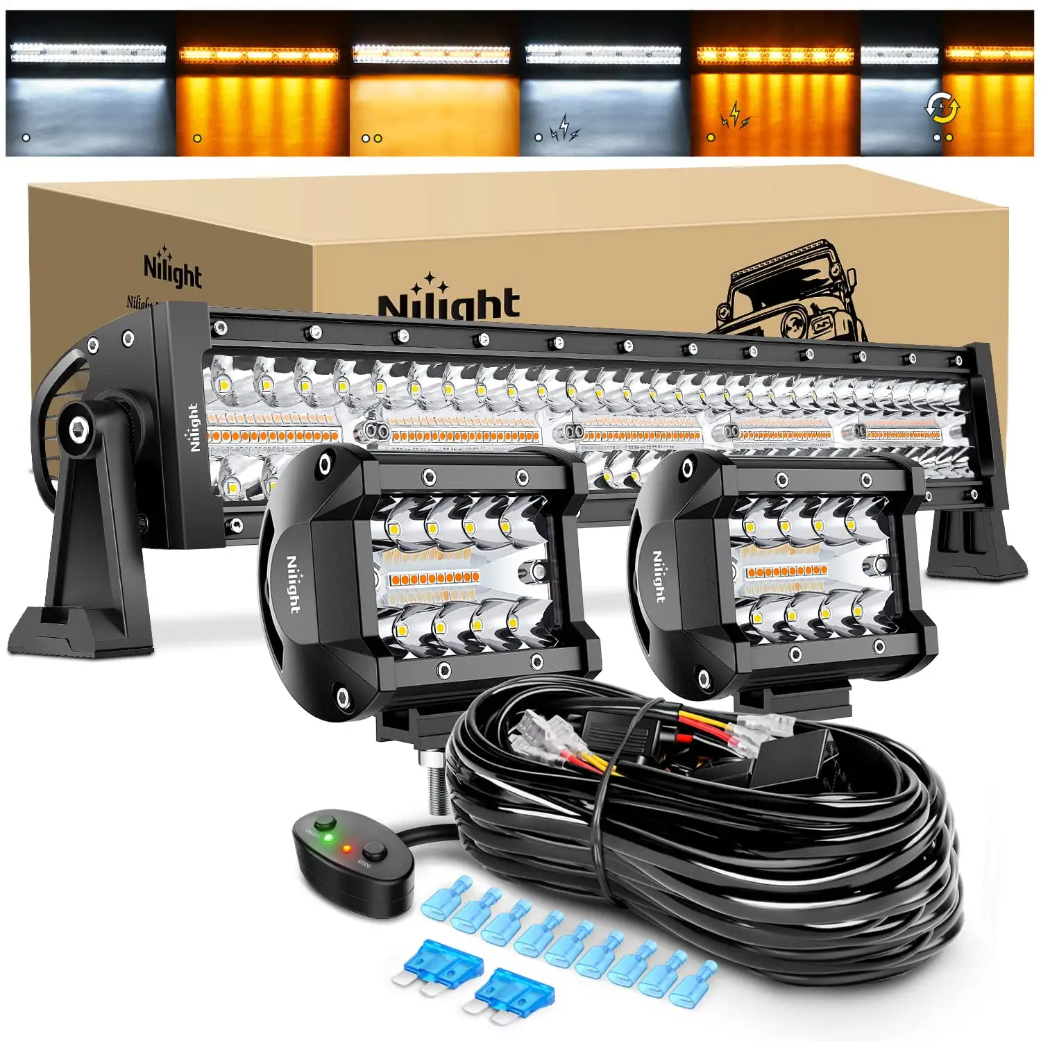 Nilight 22Inch 480W LED SE33 Light Bar 2PCS 4Inch 60W Light Pods Amber White Strobe 6 Modes Memory Function Reset Function Off Road Truck with 16AWG Wiring Harness Kit-3 Leads. 2 Years Warranty