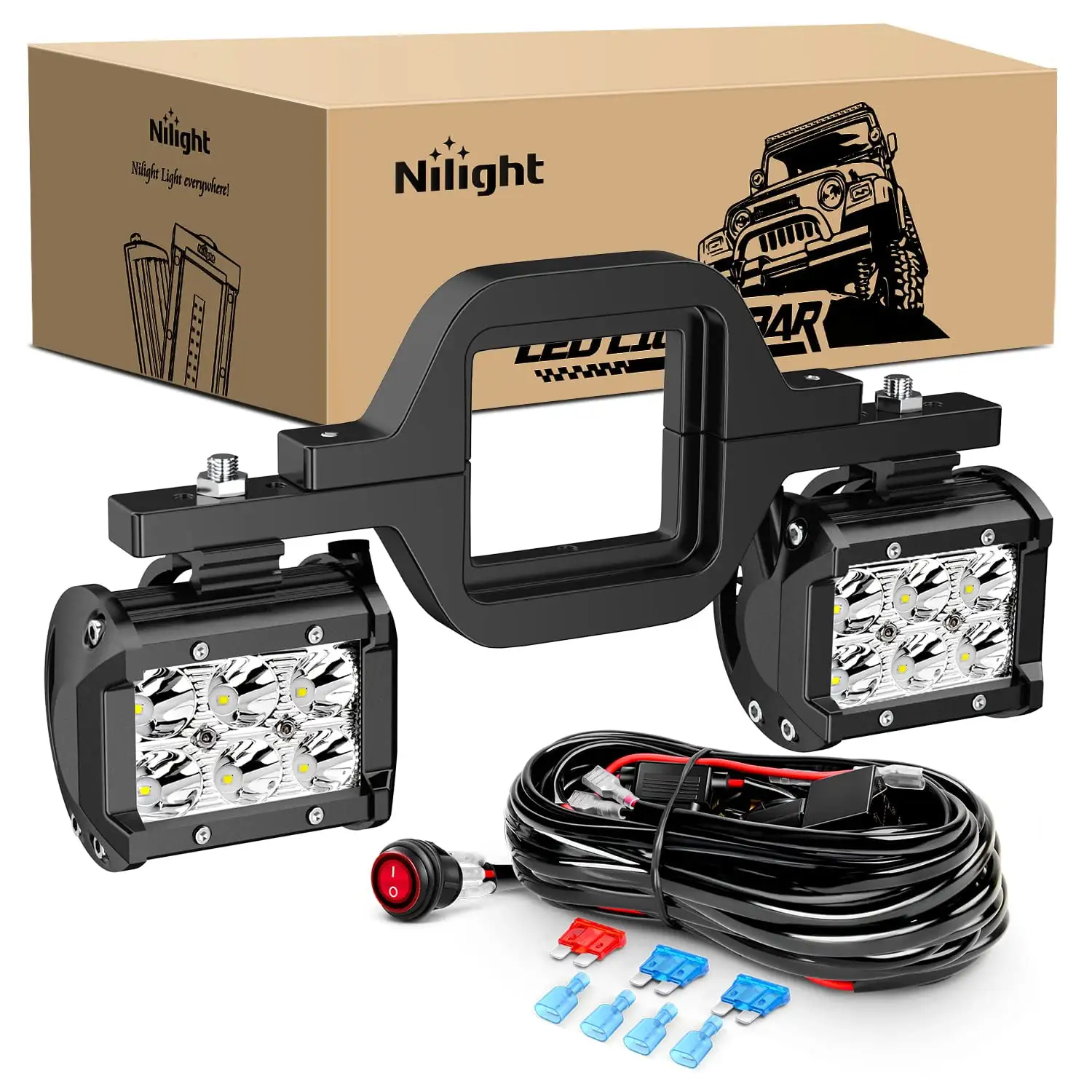 Nilight 2PCS 18W Spot SE33 Driving Fog Light Off Road Led Lights Bar 2 Tow Hitch Bracket with Wiring Harness Kit -2 Leads.2 years Warranty