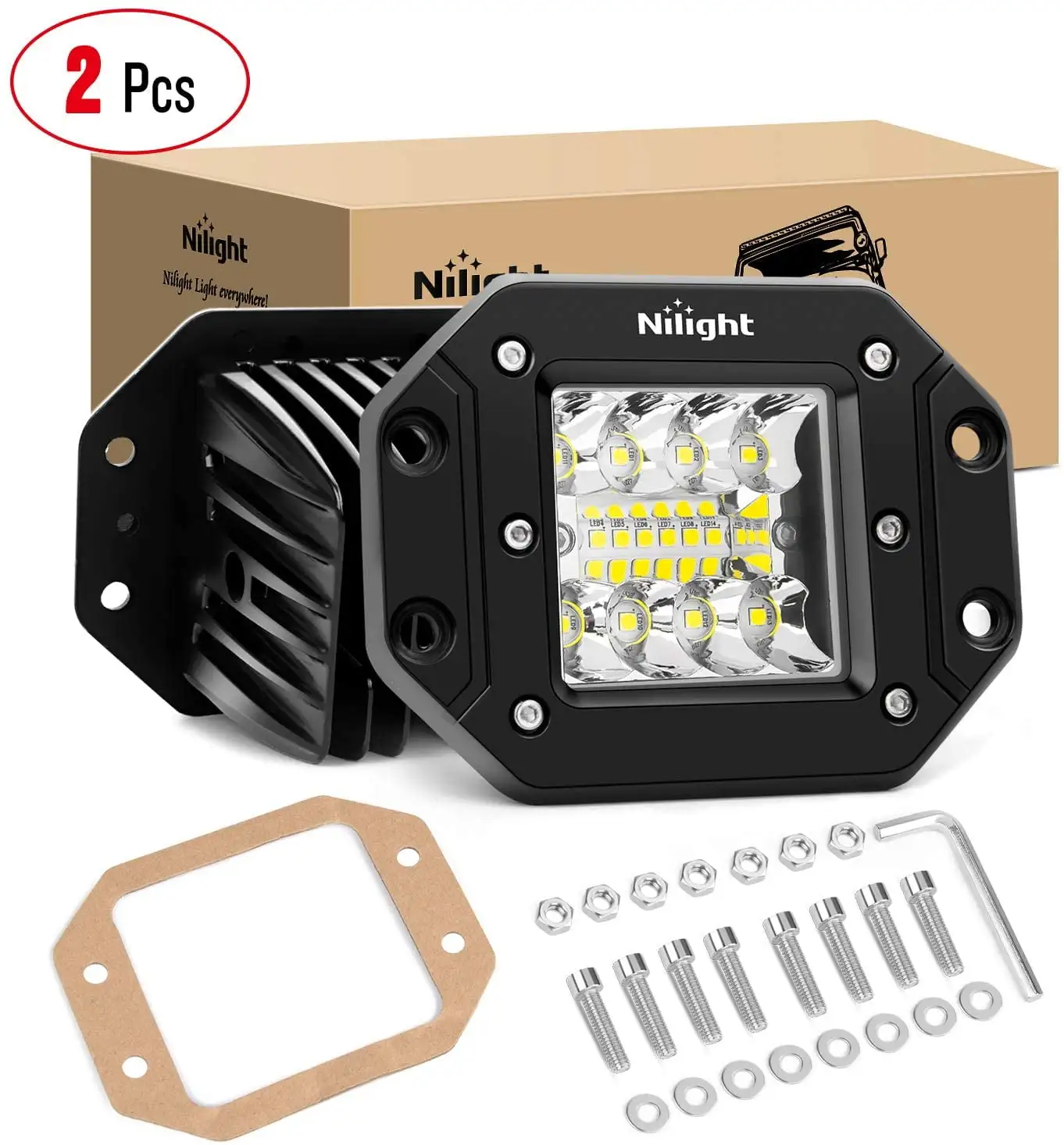 Nilight 2PCS 42W Flush Mount LED Work Light Bar Cube Pods Upgraded Spot Flood Combo Beam Driving Light Backup Lights Reverse for Jeep Offroad 4x4 Truck SUV Boats