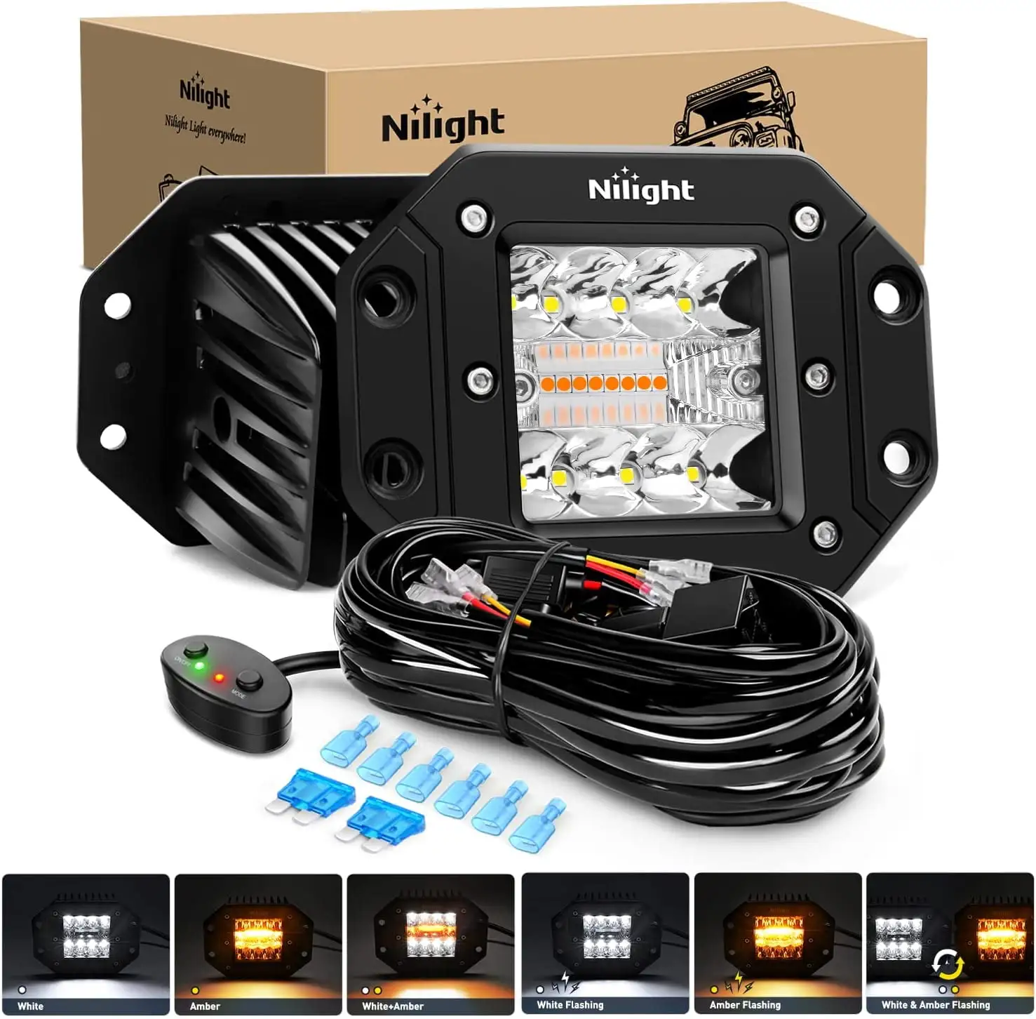 Nilight 2PCS 42W Light Pods Flush Mount Spot Flood Amber White Strobe 6 Modes Memory Function Off-Road Truck Car ATV SUV Cabin Boat with 16AWG Wiring Harness Kit-2 Leads. 2 Years Warranty