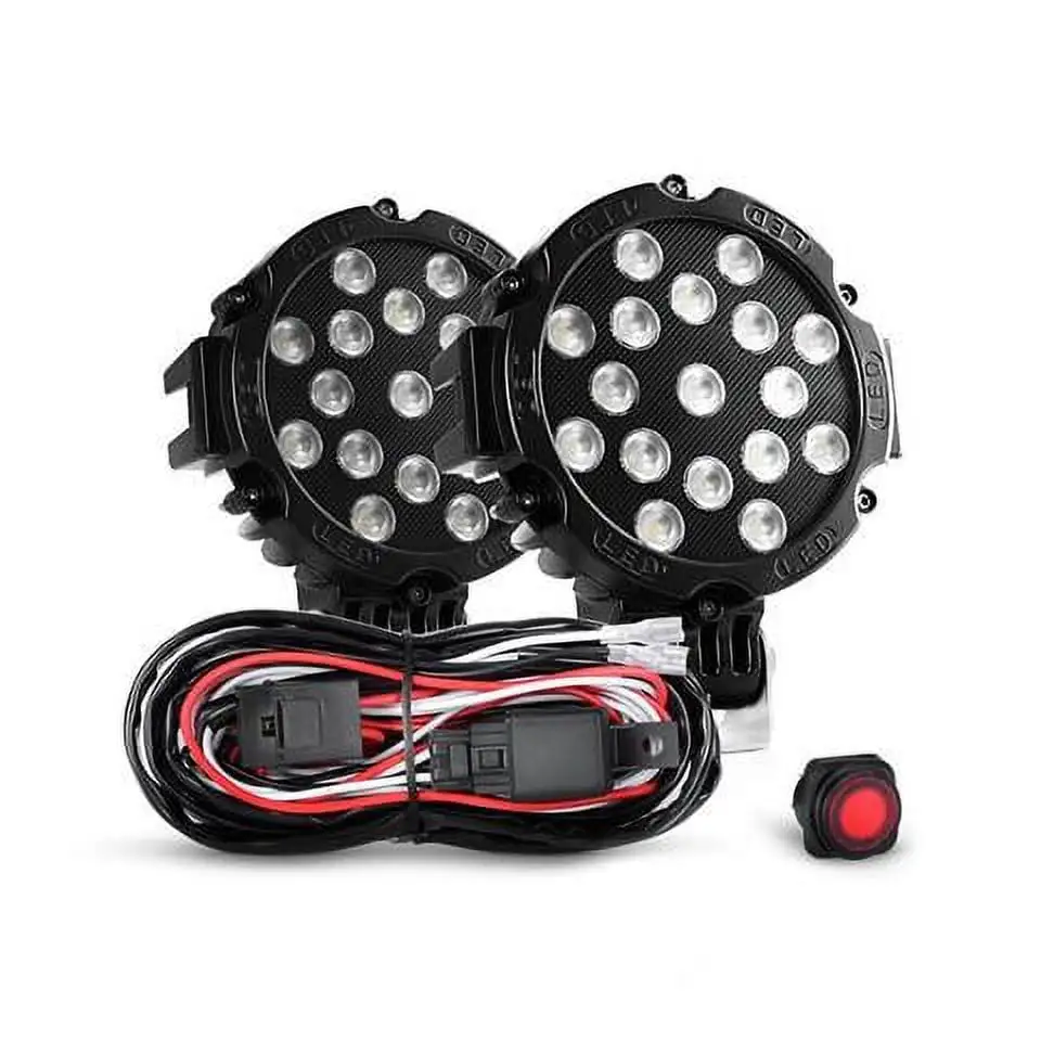 Nilight 2PCS 51W 7 Inch Black Flood Round Led Work Lights Off Road Fog Driving Roof Bar Bumper with Off Road Wiring Harness. 2 Years Warranty