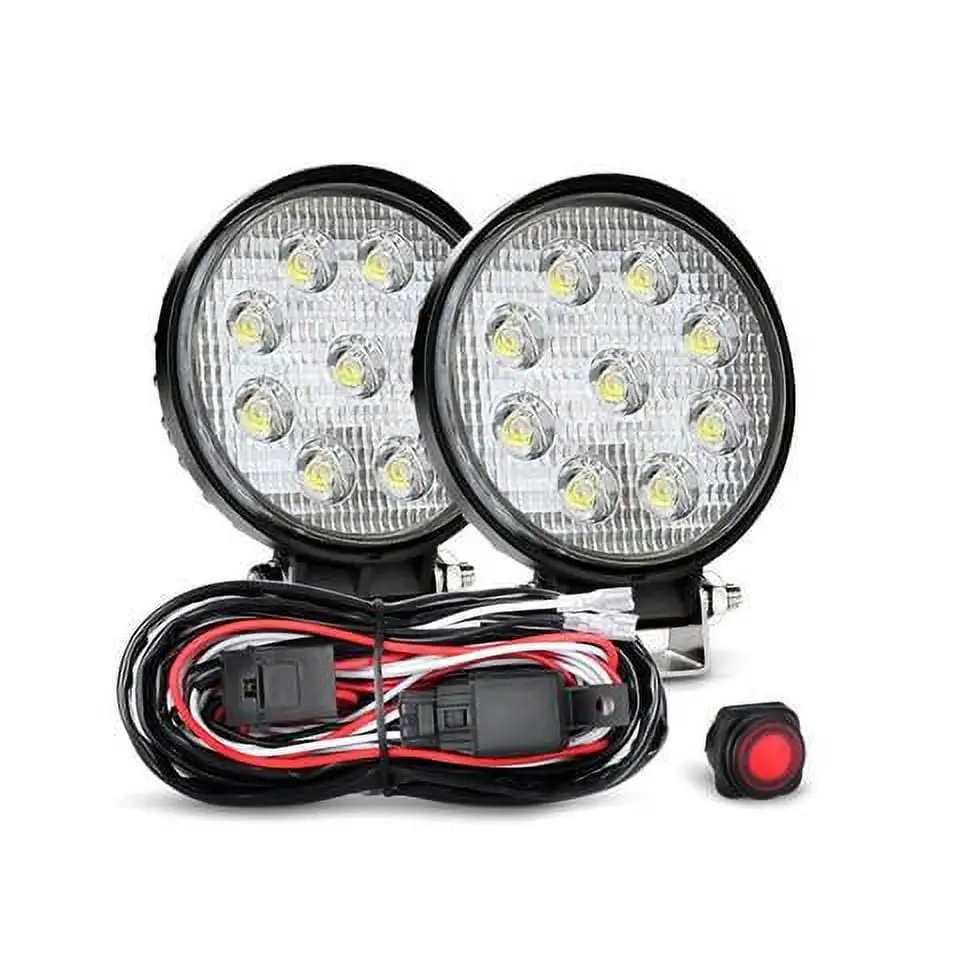 Nilight 2PCS Led Light Bar 4.5 inch 27W Round Flood Driving Lamp Jeep Off Road Fog Lights with Off Road Wiring Harness kit. 2 Years Warranty