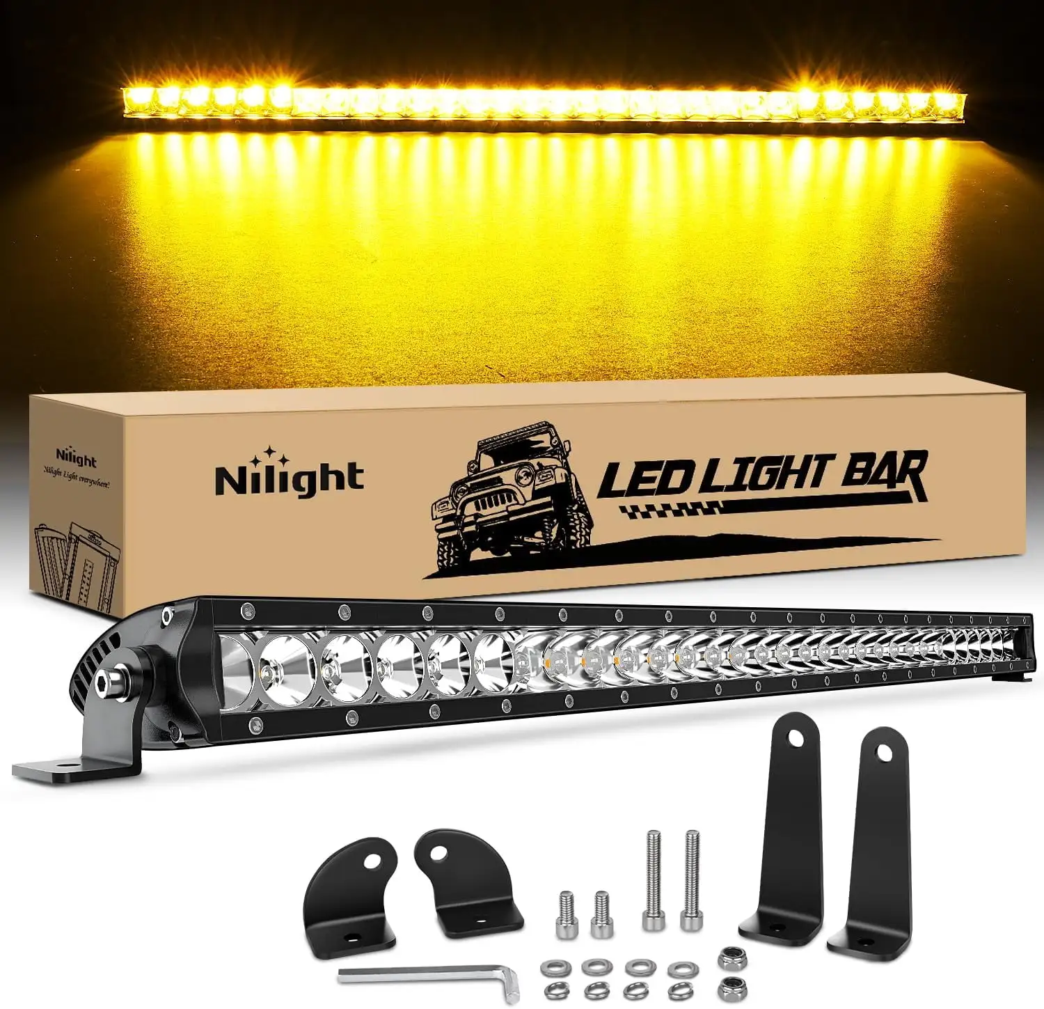 Nilight 31 Inch Amber Single Row Led Light Bar Super Slim 150W Spot & Flood Combo Driving Off Road 3D LED Fog & Driving Light Roof Bumper Light Bars for Trucks Ford Boat ATV UTV. 2 Years Warranty