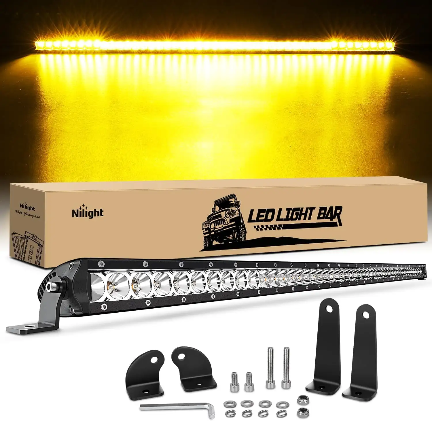 Nilight 41 Inch Amber Single Row Led Light Bar Super Slim 200W Spot & Flood Combo Driving Off Road 3D LED Fog & Driving Light Roof Bumper Light Bars for Trucks Ford Boat ATV UTV. 2 Years Warranty